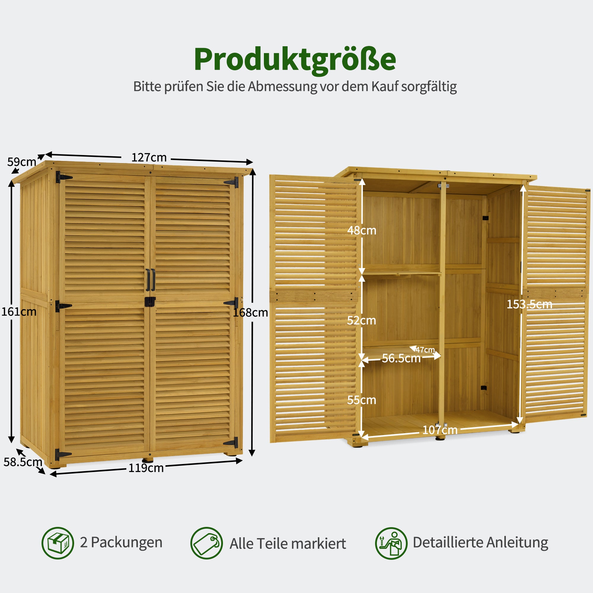 M MCombo Gartenschrank Holz, Gartenhaus Klein Wetterfest, Outdoor Gerätehaus Geräteschuppen, für Außenbereich Balkon Terrasse, 59×127×168 cm, 0901D-F