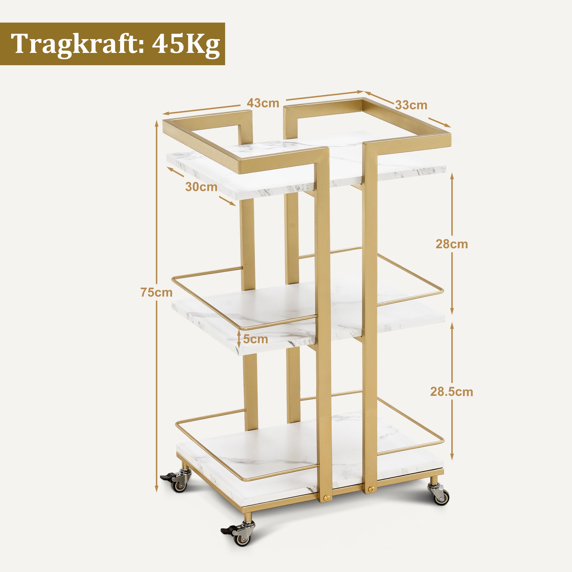 M MCombo Servierwagen mit Rollen, Küchenwagen Barwagen Metallgestell, Moderne Rollwagen Mehrzweckwagen mit 3 Ebenen, für Küche Bad Wohnzimmer Büro, 33*43*75cm, 0033