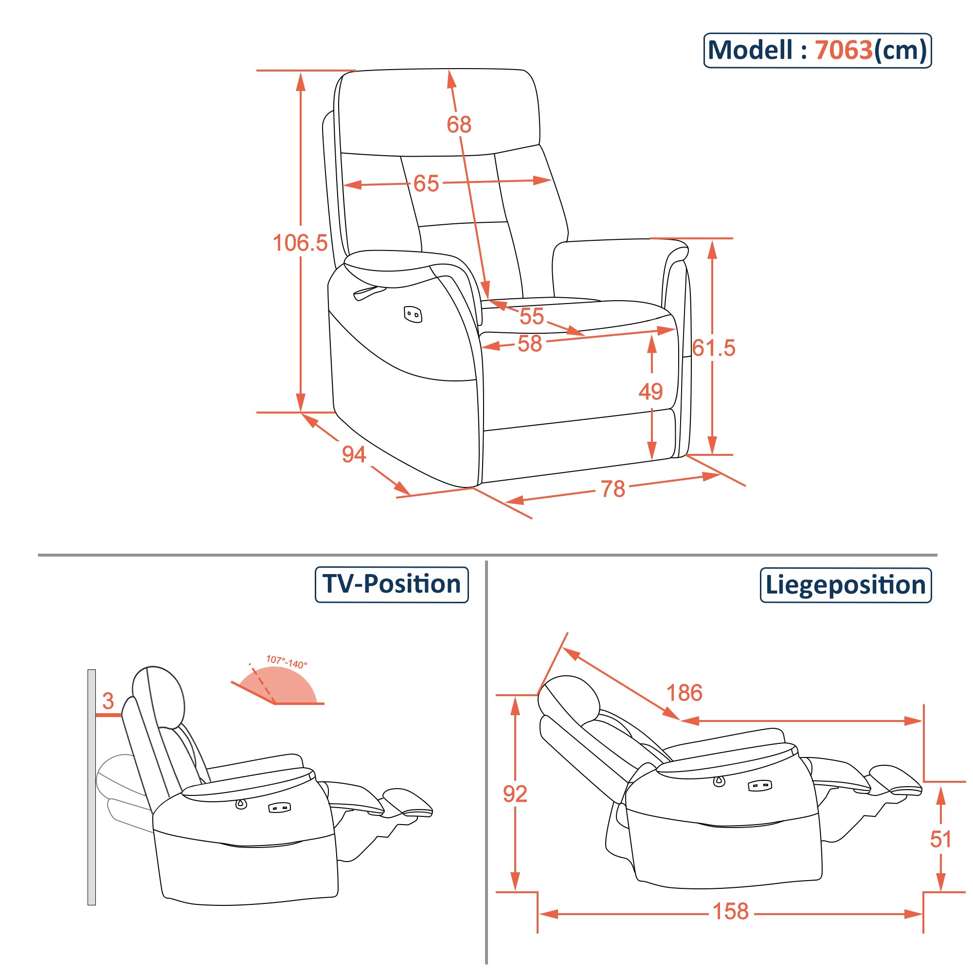 M MCombo Relaxing Chair Electrically Adjustable, TV Chair 3 cm Close to the Wall, Relaxing Chair Massage Chair with Reclining Function, TV Chair for Tight Spaces, USB & Type-C Ports & Lumbar Cushion, Living Room, 7063