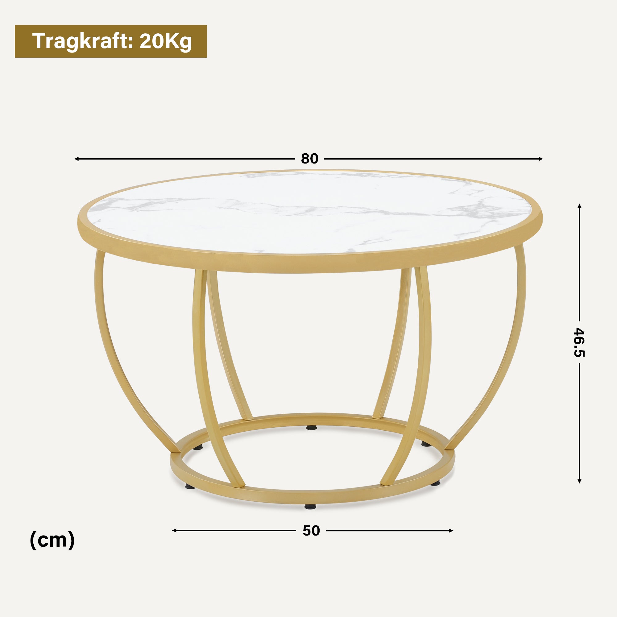 MCombo Round Wooden Coffee Table, Modern Sofa Table, Small Metal Side Table, Coffee Table for Living Room, Beauty Salon, Living Room Table Marble-White Gold, 80 x 80 x 46.5 cm, 2185