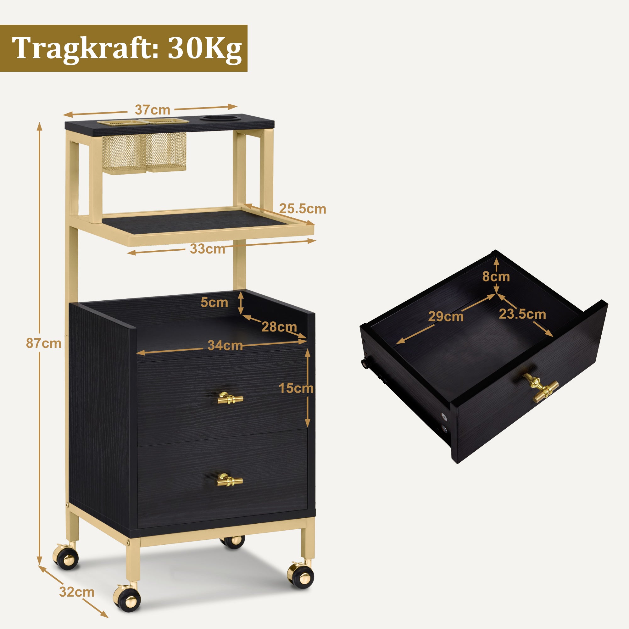 M MCombo trolley with wheels & 2 drawers, serving trolley, with 2 shelves, modern work trolley for bathroom and living room, 32 x 37 x 87 cm, 0029