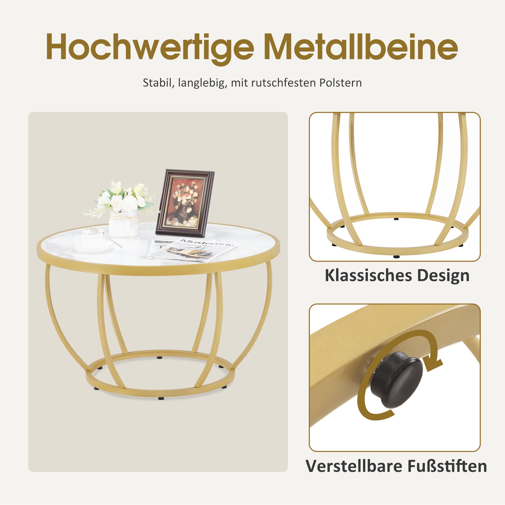 MCombo Round Wooden Coffee Table, Modern Sofa Table, Small Metal Side Table, Coffee Table for Living Room, Beauty Salon, Living Room Table Marble-White Gold, 80 x 80 x 46.5 cm, 2185