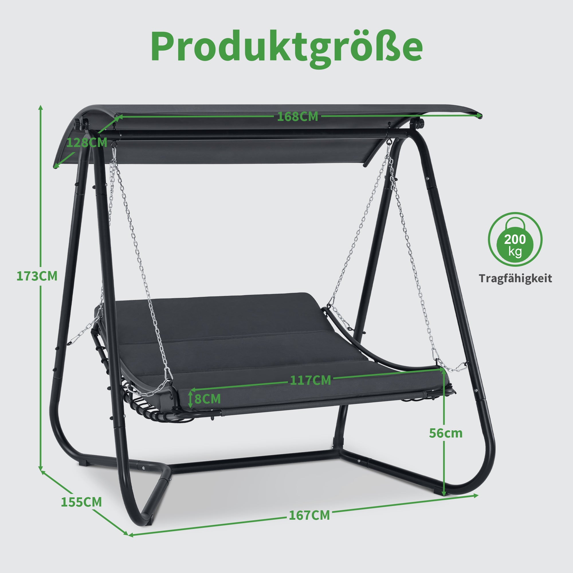 M MCombo Hollywoodschaukel mit Liegefunktion, Schaukelliege Outdoor, Gartenliege Wetterfest, Gartenschaukel mit Sonnendach & Extradickem Sitzkissen, Sonnenliege 167x155x173 cm, 8012 (grau)