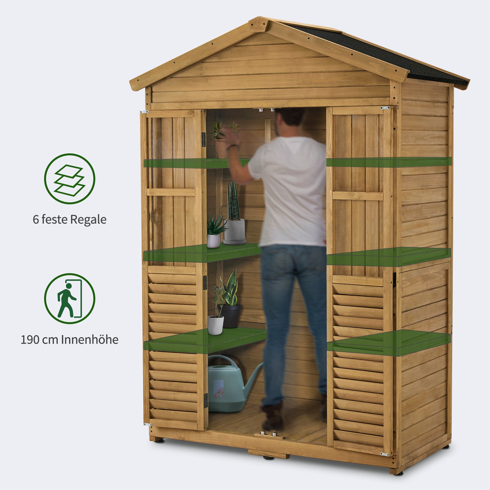 M MCombo Gartenschrank Gartenhaus Holz Wetterfest, Geräteschrank Holzschrank Outdoor Wasserdicht Begehbar, für Außenbereich Balkon Terrasse, Gerätehaus mit 6 feste Regale 74×143×200 cm, 1743 (Natur)