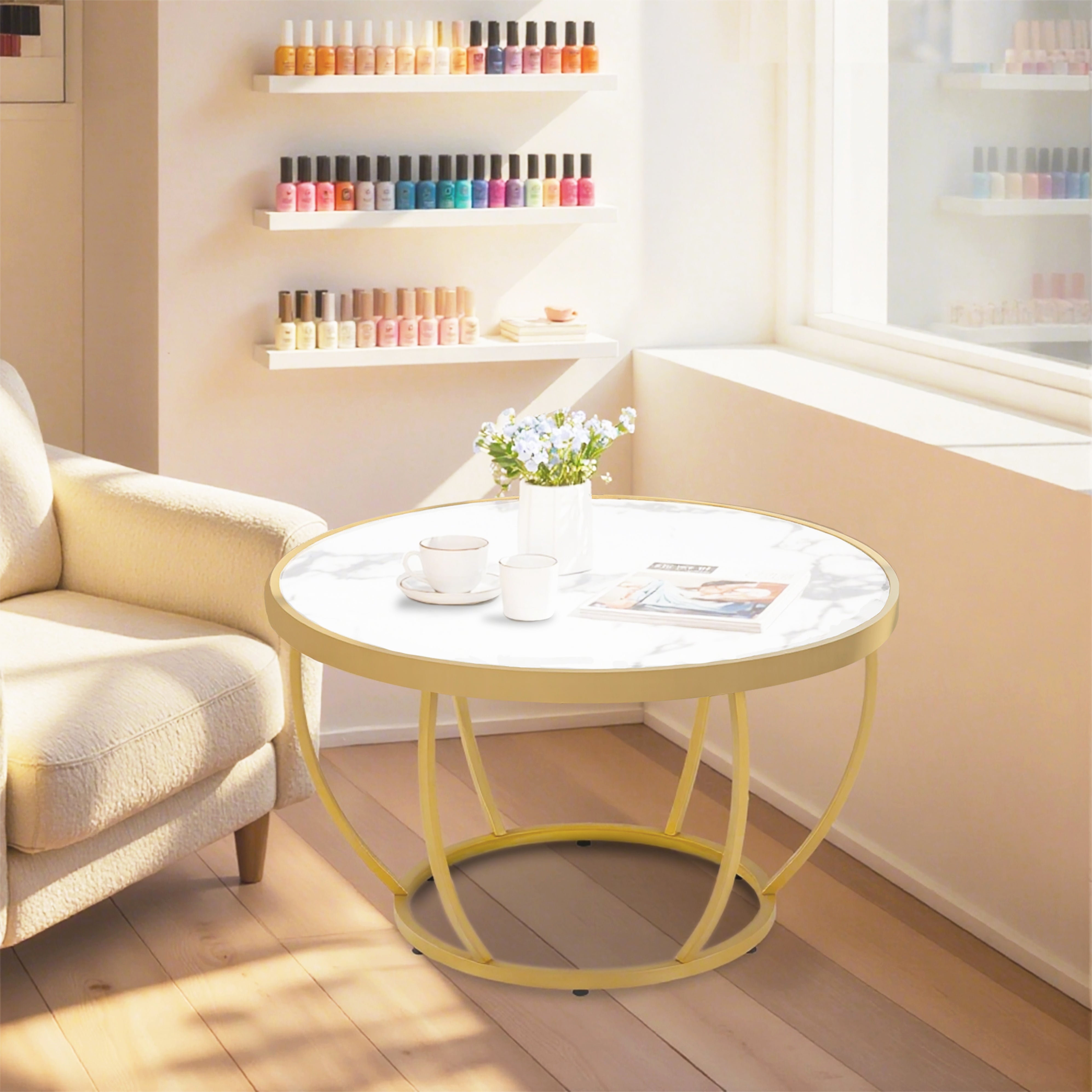 MCombo Round Wooden Coffee Table, Modern Sofa Table, Small Metal Side Table, Coffee Table for Living Room, Beauty Salon, Living Room Table Marble-White Gold, 80 x 80 x 46.5 cm, 2185