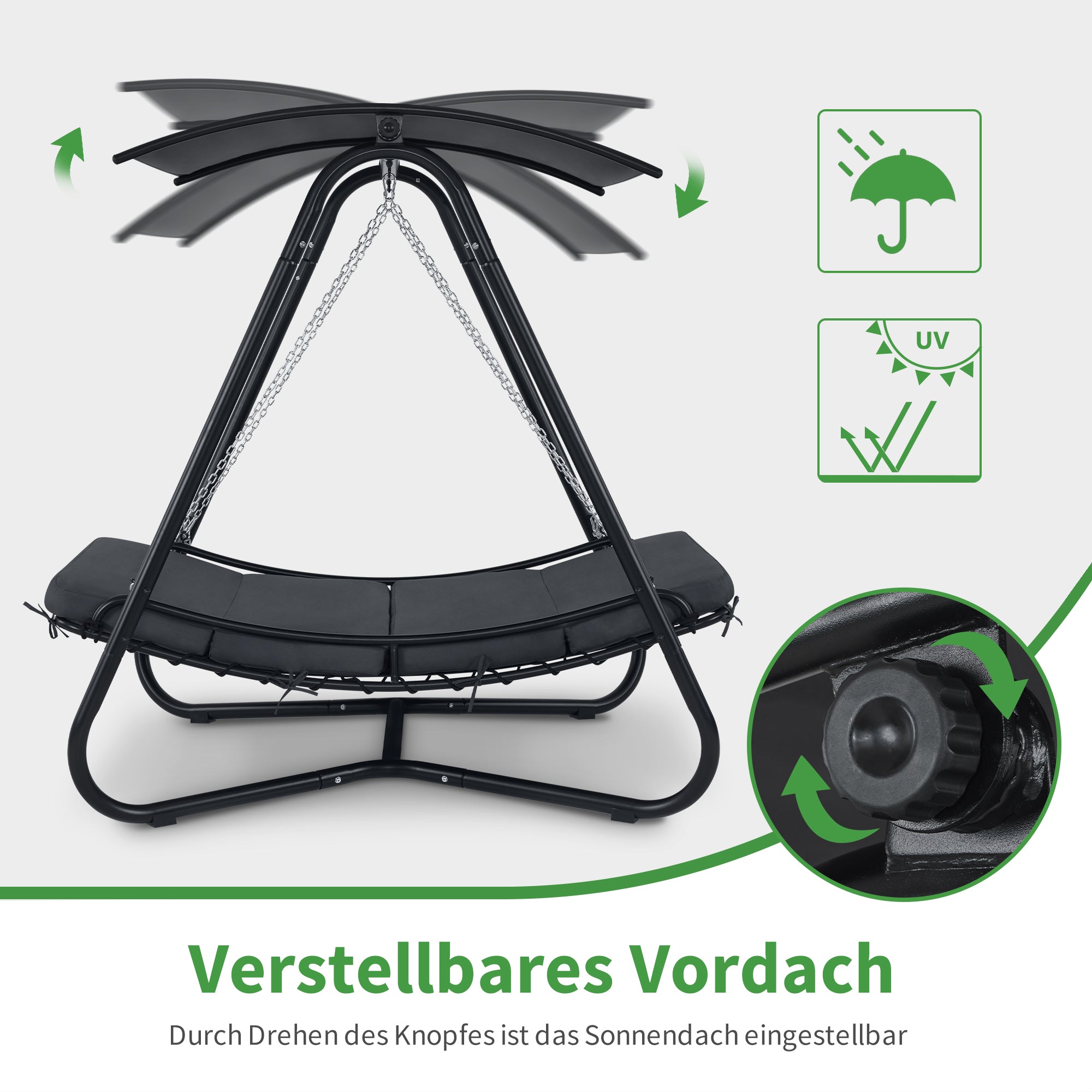 M MCombo Hollywoodschaukel mit Liegefunktion, Schaukelliege Outdoor, Gartenliege Wetterfest, Gartenschaukel mit Sonnendach & Extradickem Sitzkissen, Sonnenliege 167x155x173 cm, 8012 (grau)
