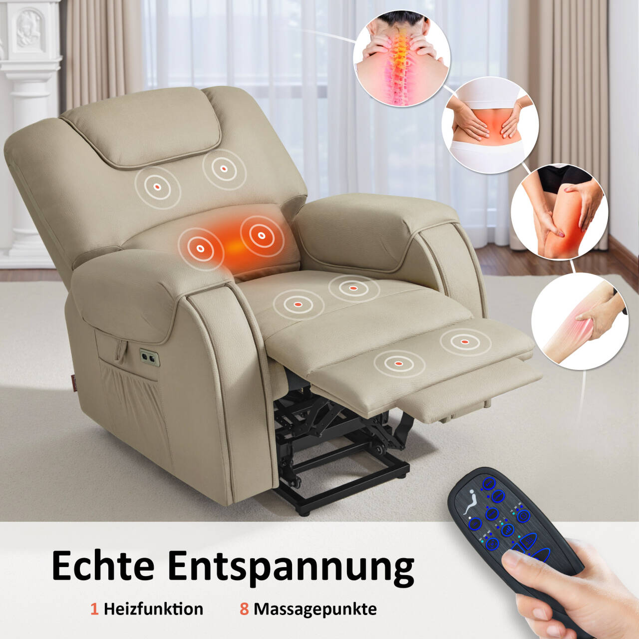 M MCombo Fernsehsessel mit Aufstehhilfe Elektrisch, mit Massage & Heizung, Relaxsessel mit Liegefunktion bis 145° 35D Vollschaum-Sitzkissen Versteckte Becherhalter 7252