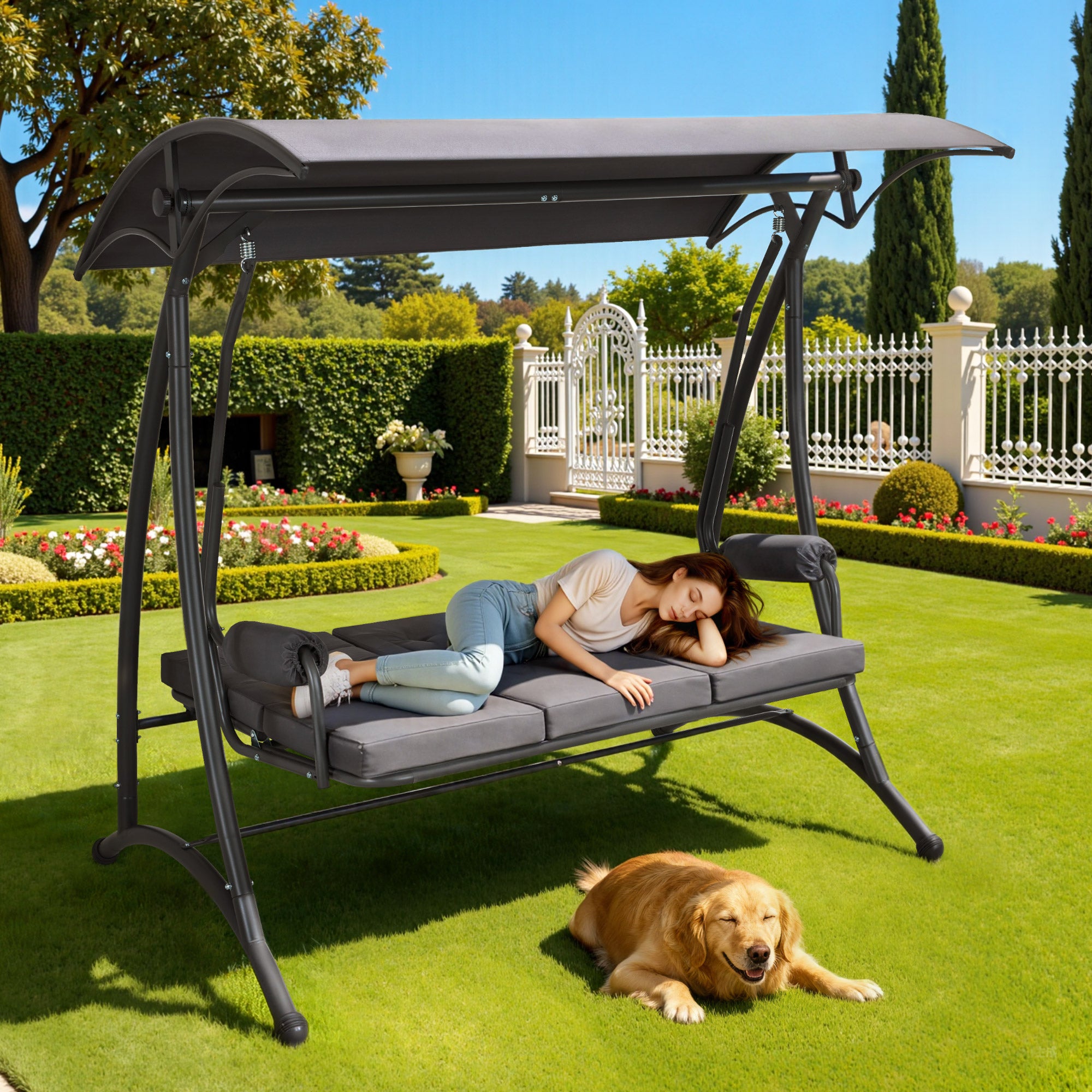 M MCombo 3-Sitzer Hollywoodschaukel mit Liegefunktion, 3 Extradickem Sitzkissen & Silent-Haken, Ruhige Gartenschaukel bis 300kg Belastbar, 193x119x185 cm, Schaukelbank Outdoor Wetterfest 4025 (grau)