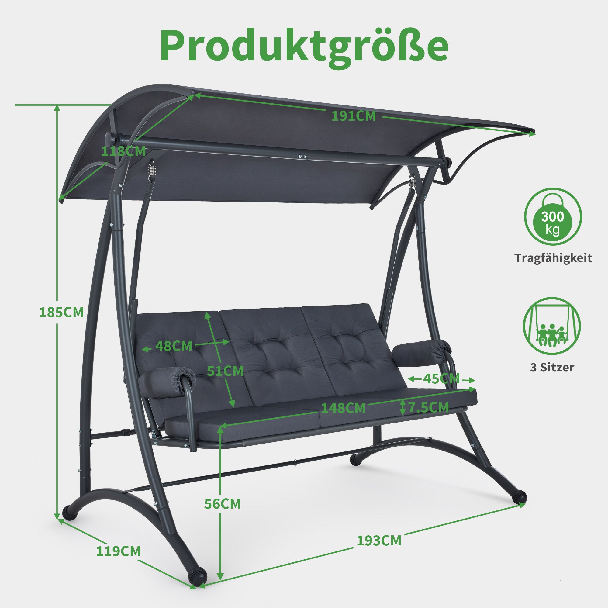 M MCombo 3-Sitzer Hollywoodschaukel mit Liegefunktion, 3 Extradickem Sitzkissen & Silent-Haken, Ruhige Gartenschaukel bis 300kg Belastbar, 193x119x185 cm, Schaukelbank Outdoor Wetterfest 4025 (grau)