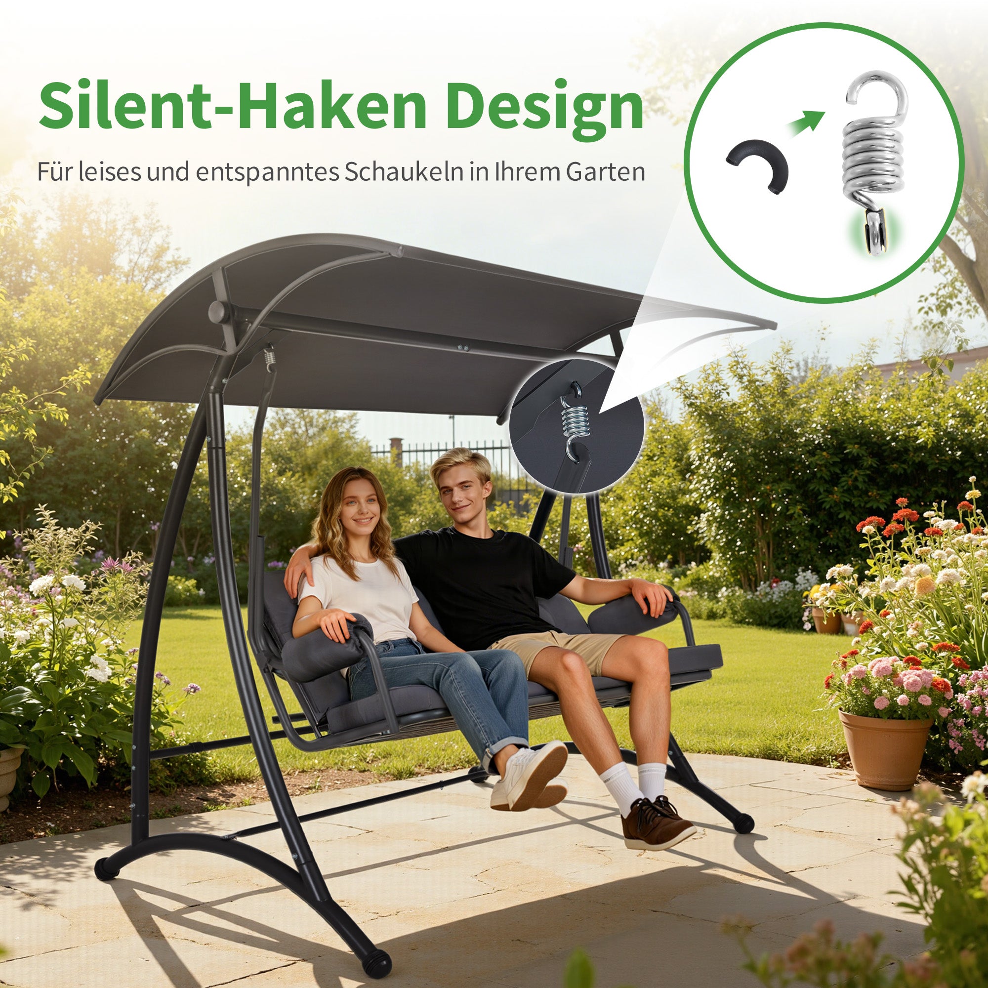 M MCombo 3-Sitzer Hollywoodschaukel mit Liegefunktion, 3 Extradickem Sitzkissen & Silent-Haken, Ruhige Gartenschaukel bis 300kg Belastbar, 193x119x185 cm, Schaukelbank Outdoor Wetterfest 4025 (grau)