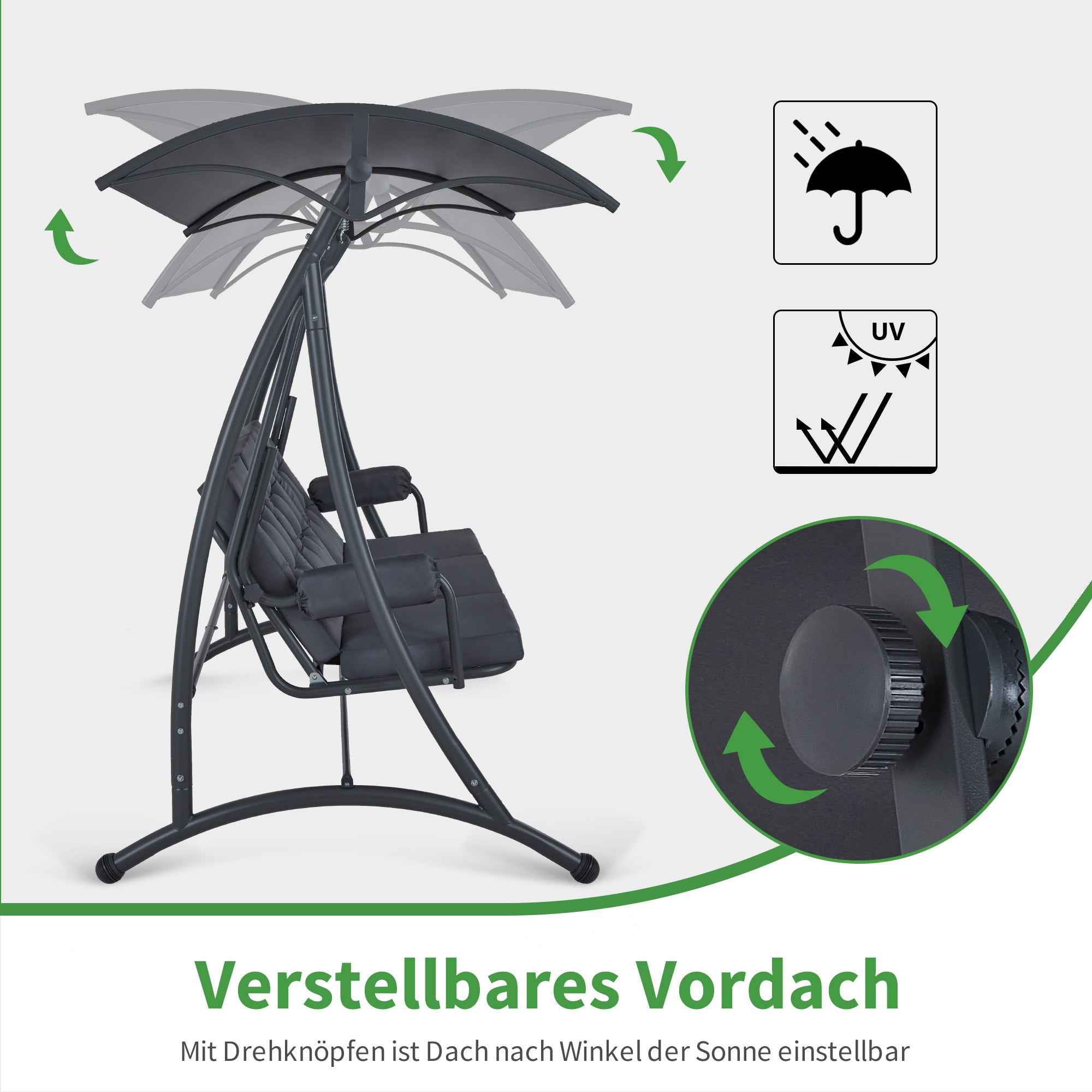 M MCombo 3-Sitzer Hollywoodschaukel mit Liegefunktion, 3 Extradickem Sitzkissen & Silent-Haken, Ruhige Gartenschaukel bis 300kg Belastbar, 193x119x185 cm, Schaukelbank Outdoor Wetterfest 4025 (grau)