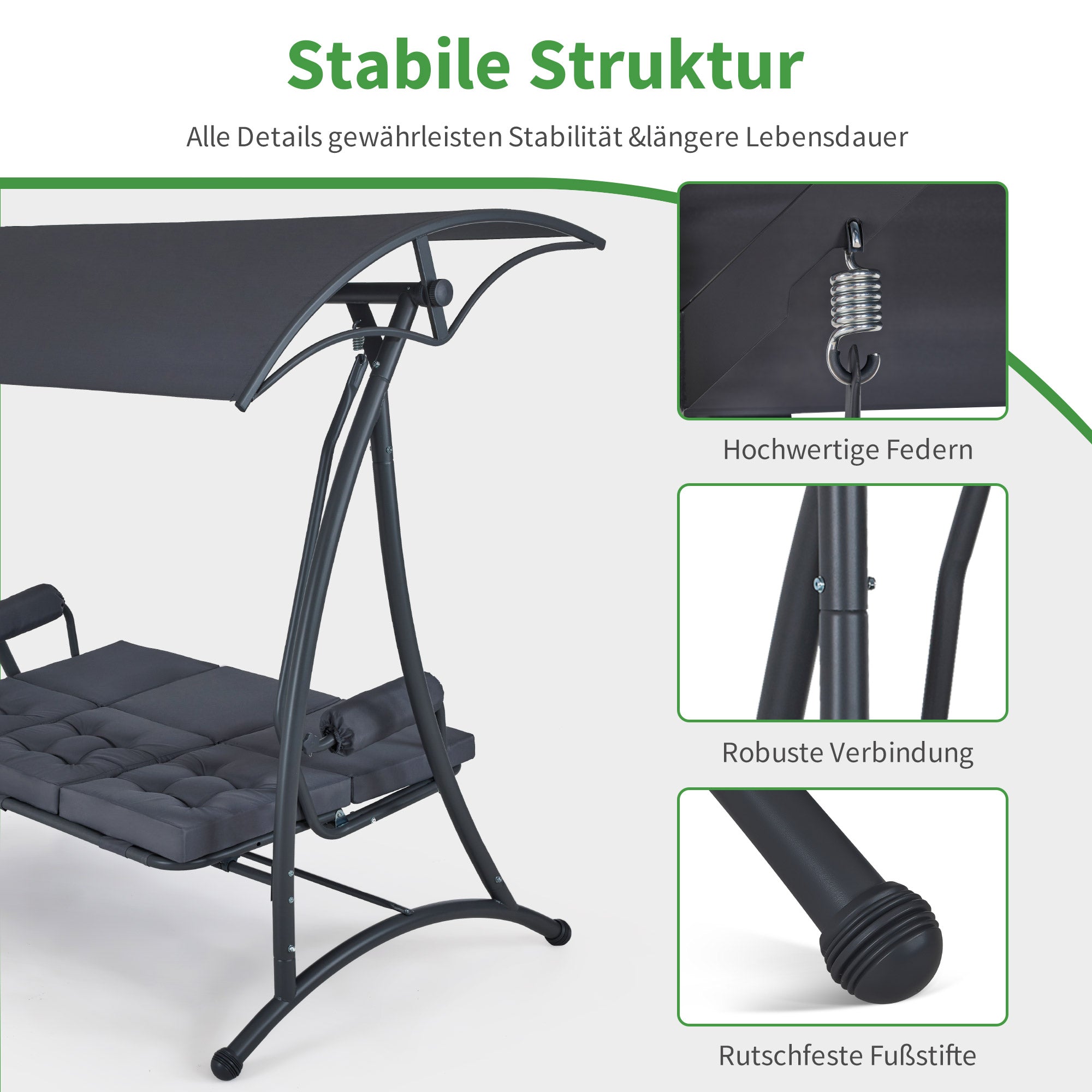 M MCombo 3-Sitzer Hollywoodschaukel mit Liegefunktion, 3 Extradickem Sitzkissen & Silent-Haken, Ruhige Gartenschaukel bis 300kg Belastbar, 193x119x185 cm, Schaukelbank Outdoor Wetterfest 4025 (grau)