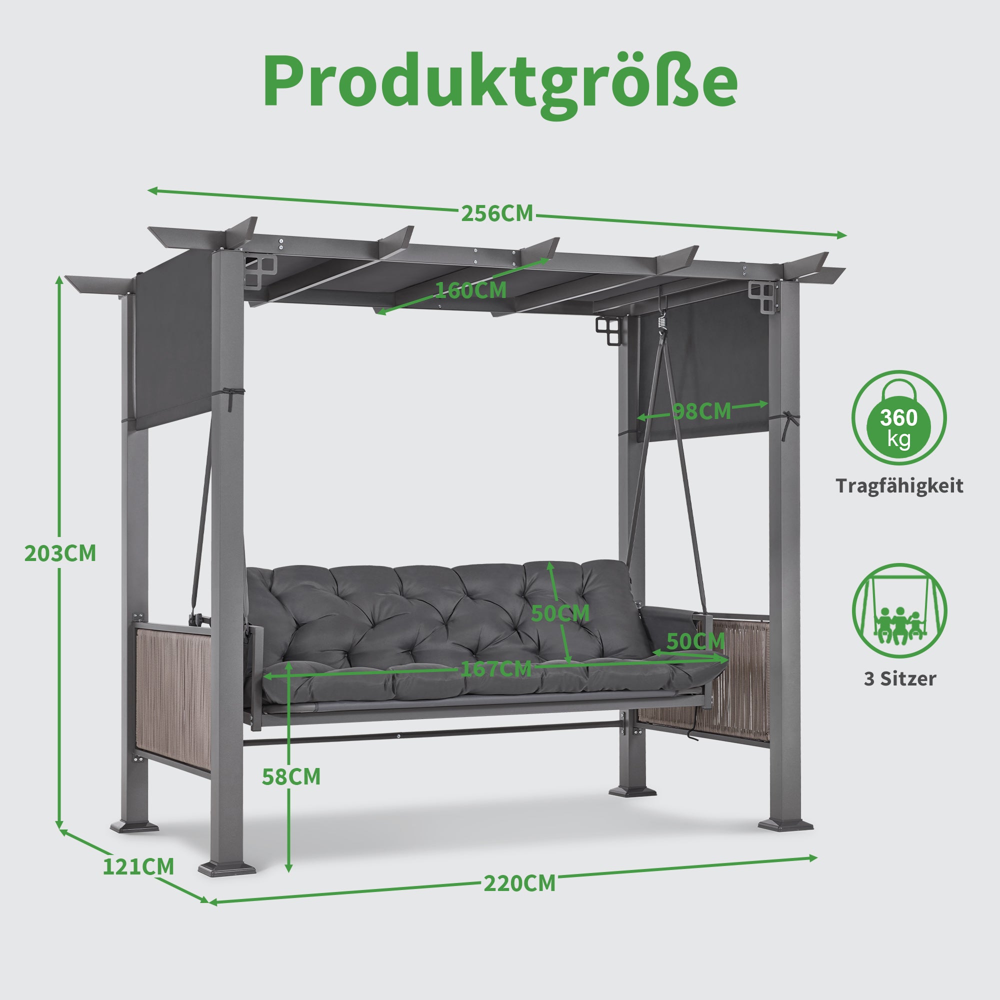 M MCombo 3-Sitzer Pergola Hollywoodschaukel mit Liegefunktion & Gartenpavillon, Gartenschaukel mit Ausziehbarem Sonnendach, 8CM Extradickem Sitzkissen & Silent-Haken, Schaukelbank 4067 (grau)