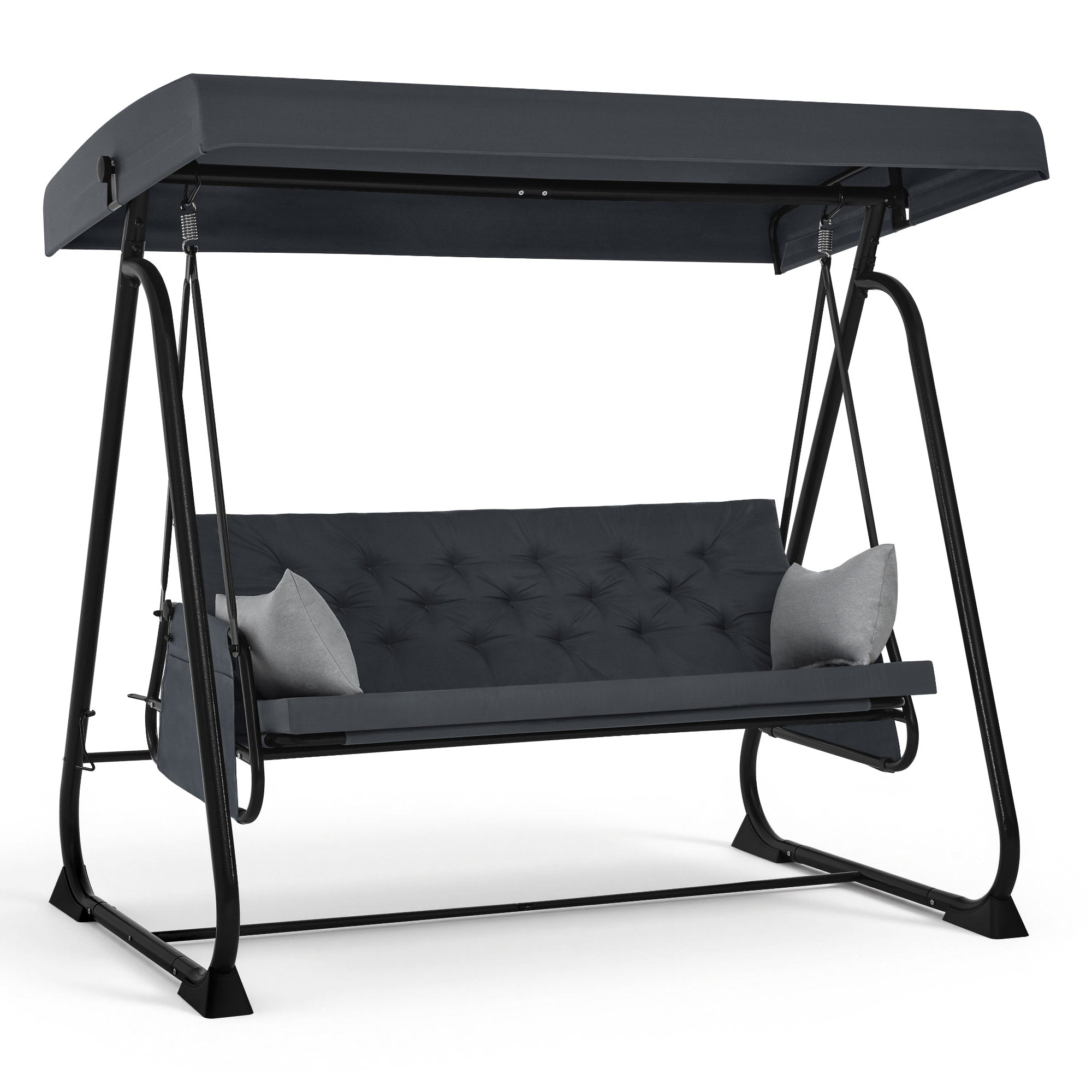 M MCombo Balancelle de jardin 3 places avec fonction inclinable, coussin d'assise extra épais et crochets silencieux, supporte jusqu'à 360 kg, 210 x 125 x 187 cm, banc de jardin extérieur résistant aux intempéries 4071 (gris foncé)