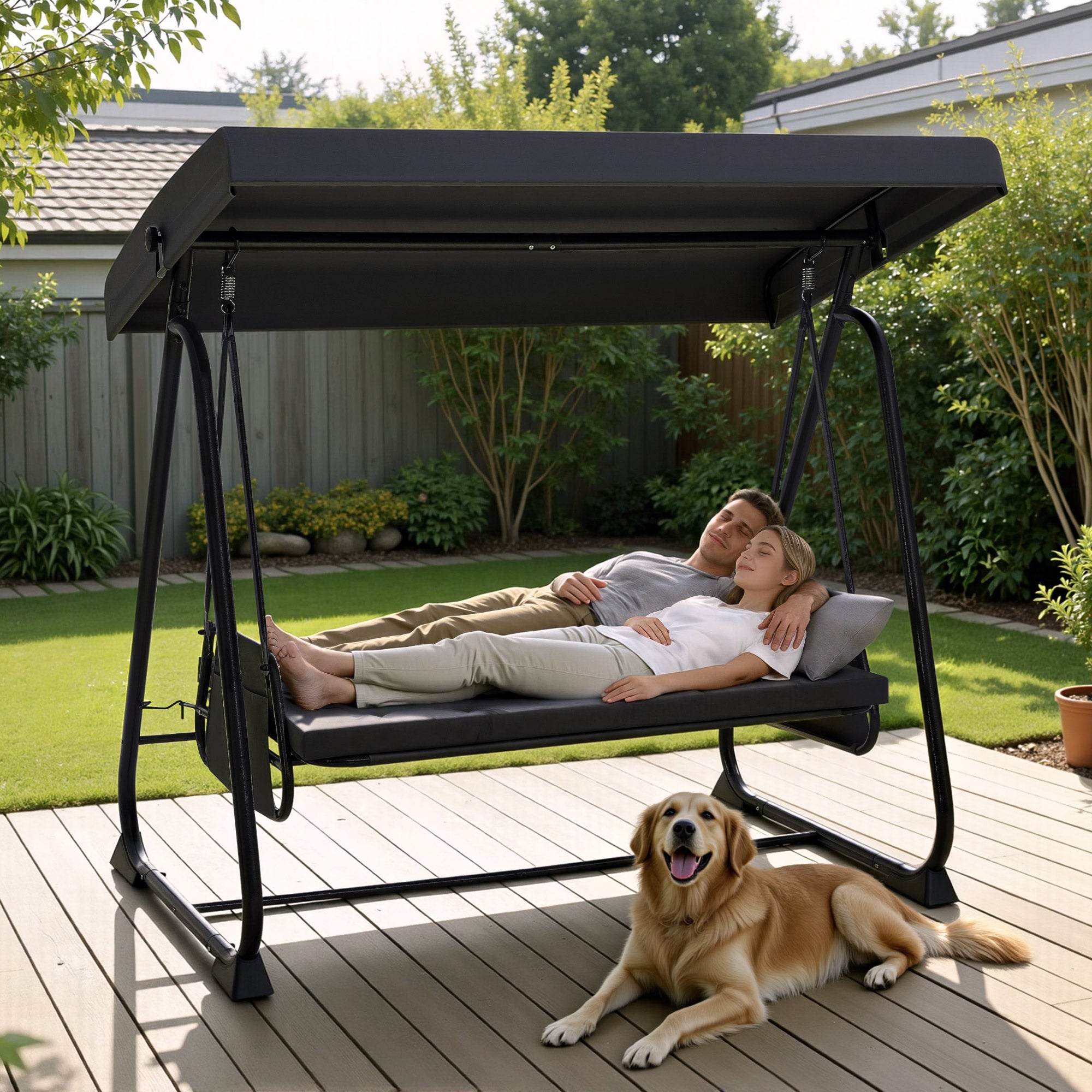 M MCombo Balancelle de jardin 3 places avec fonction inclinable, coussin d'assise extra épais et crochets silencieux, supporte jusqu'à 360 kg, 210 x 125 x 187 cm, banc de jardin extérieur résistant aux intempéries 4071 (gris foncé)