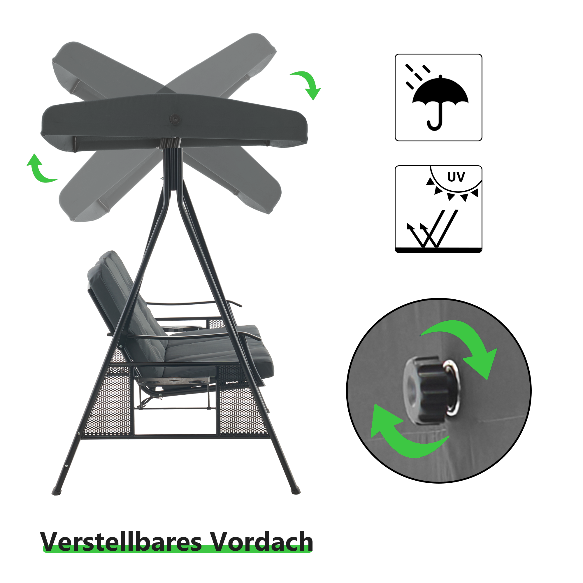MCombo 3-Sitzer Hollywoodschaukel, Gartenliege wetterfest, Gartenschaukel outdoor, Schaukelbank mit Sonnendach, Dunkgelgrau, 4092/4093