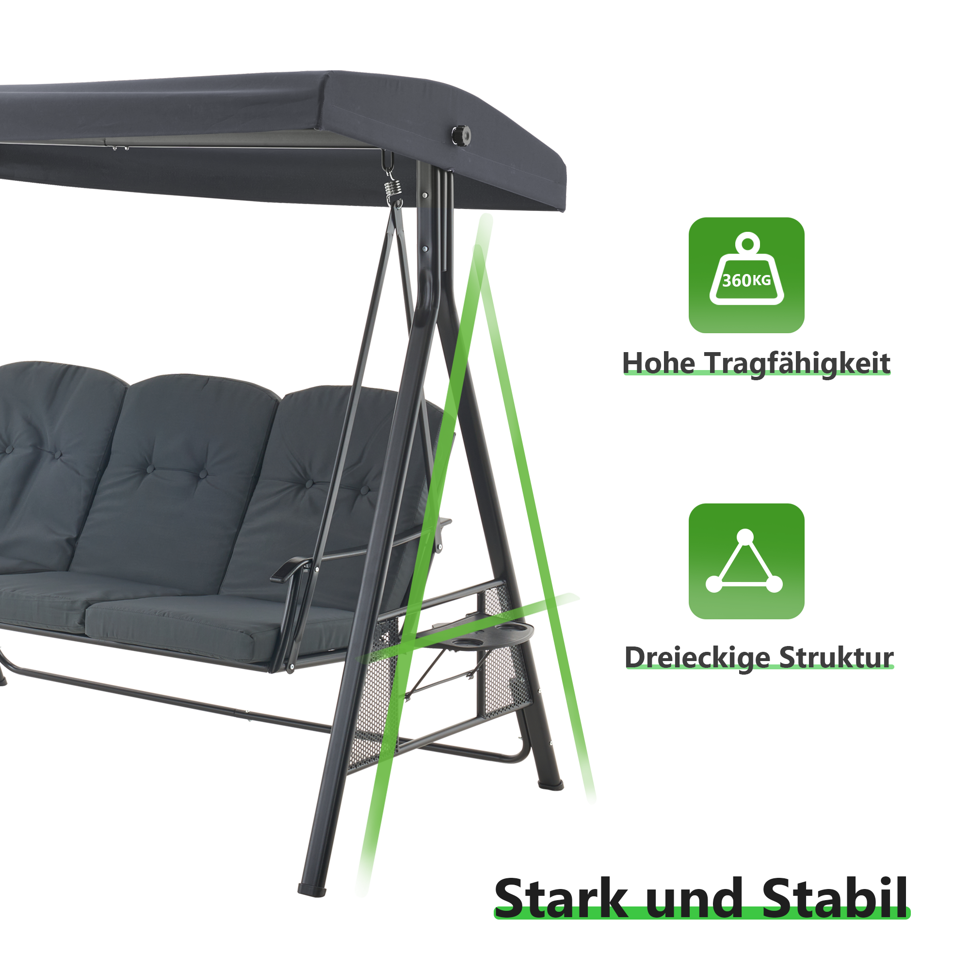 MCombo 3-Sitzer Hollywoodschaukel, Gartenliege wetterfest, Gartenschaukel outdoor, Schaukelbank mit Sonnendach, Dunkgelgrau, 4092/4093