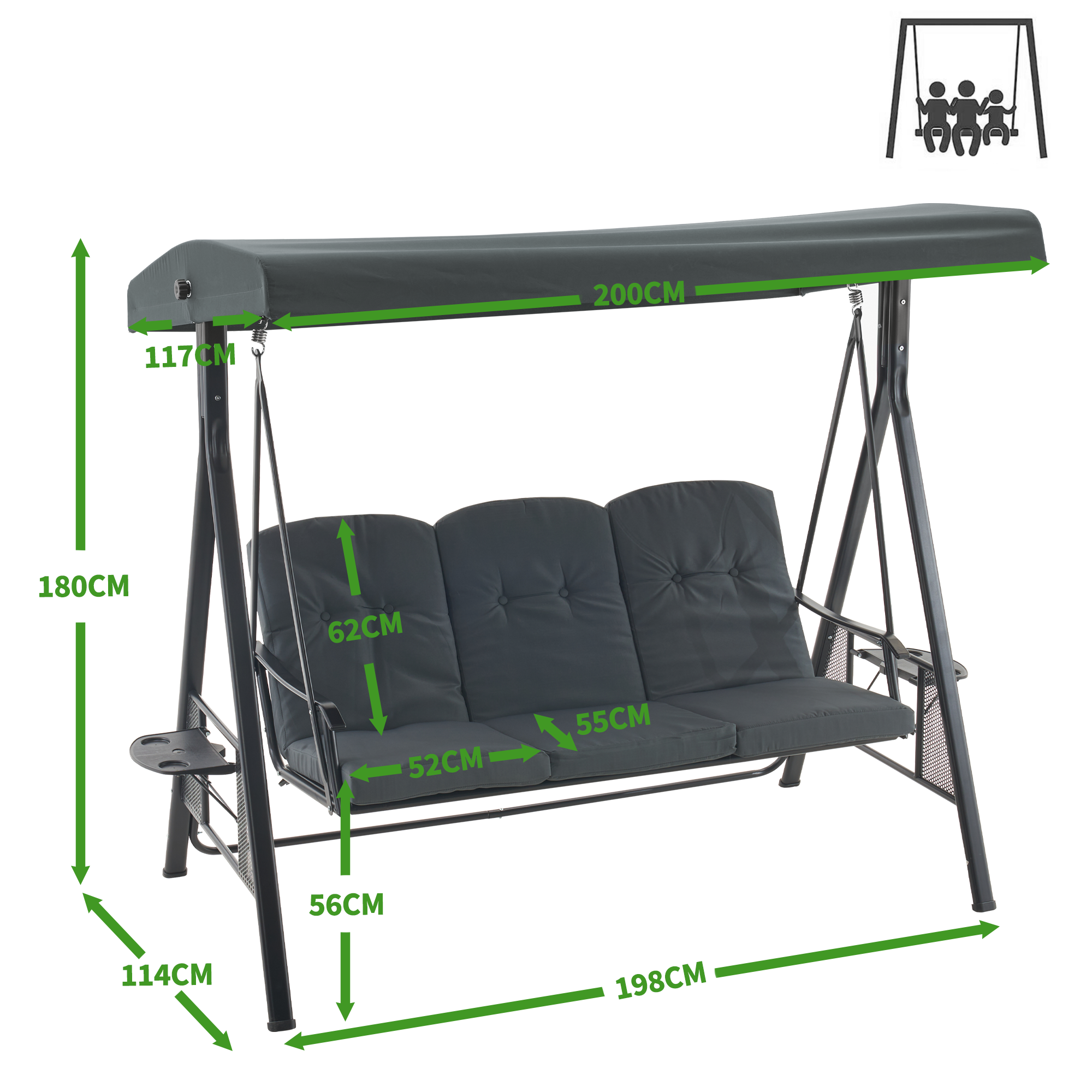 MCombo 3-Sitzer Hollywoodschaukel, Gartenliege wetterfest, Gartenschaukel outdoor, Schaukelbank mit Sonnendach, Dunkgelgrau, 4092/4093
