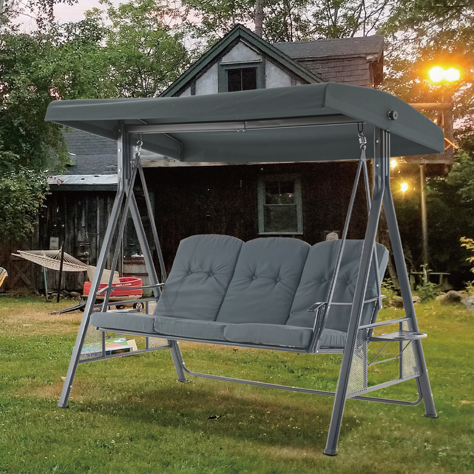 MCombo 3-Sitzer Hollywoodschaukel, Gartenliege wetterfest, Gartenschaukel outdoor, Schaukelbank mit Sonnendach, Dunkgelgrau, 4092/4093