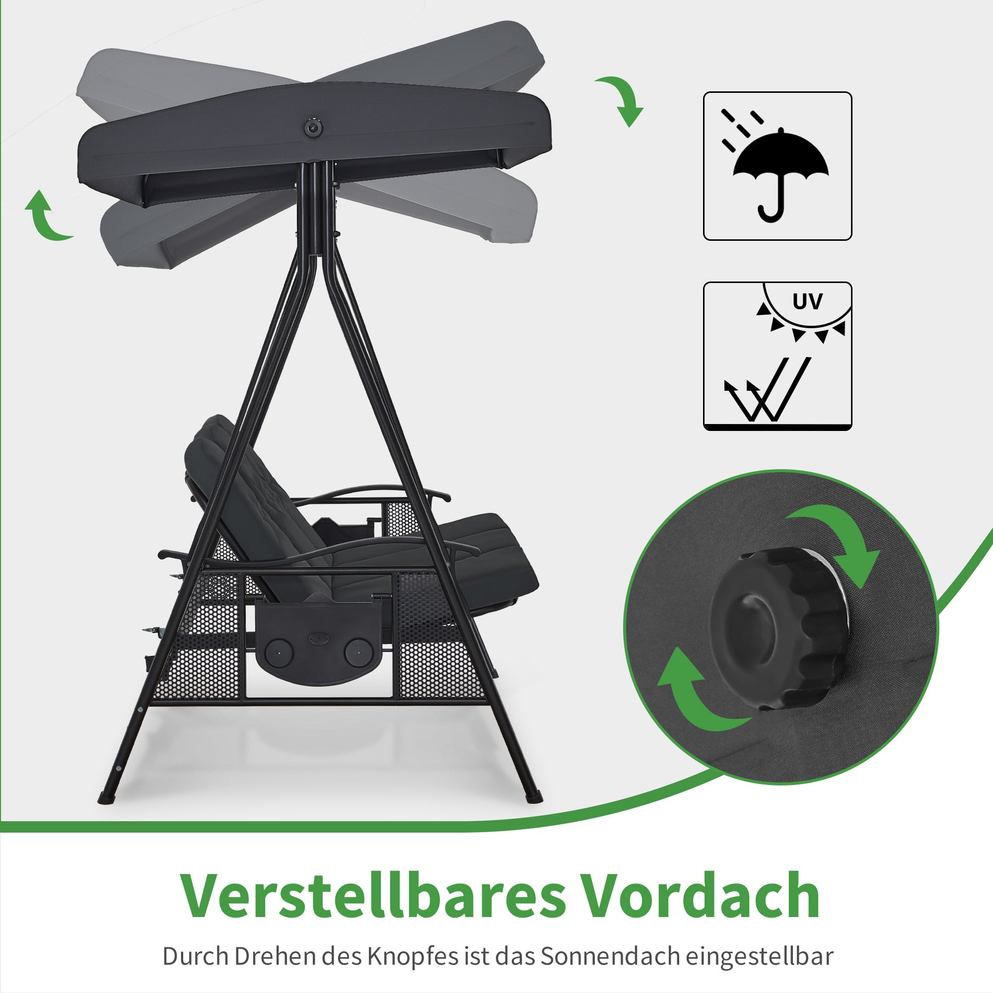 M MCombo 3-seater porch swing with reclining function, adjustable sunroof & cup holder, garden swing up to 360 kg load capacity, outdoor swing bench, weatherproof 204 x 118 x 181 cm 4093 (dark grey)