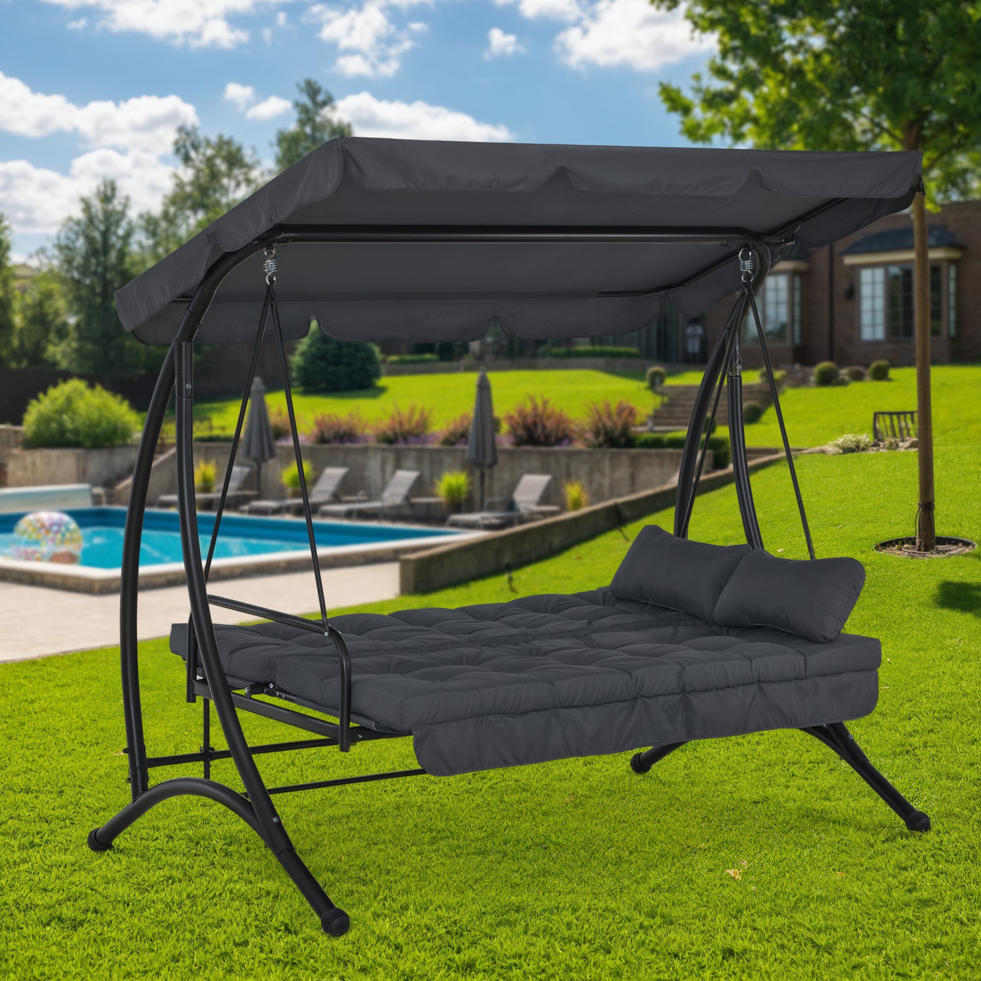 M MCombo 3-seater porch swing with reclining function, with extra-thick seat cushion & sunroof, garden swing up to 300 kg load capacity, 201 x 125 x 173 cm, outdoor swing bench, weatherproof 4095 (grey)