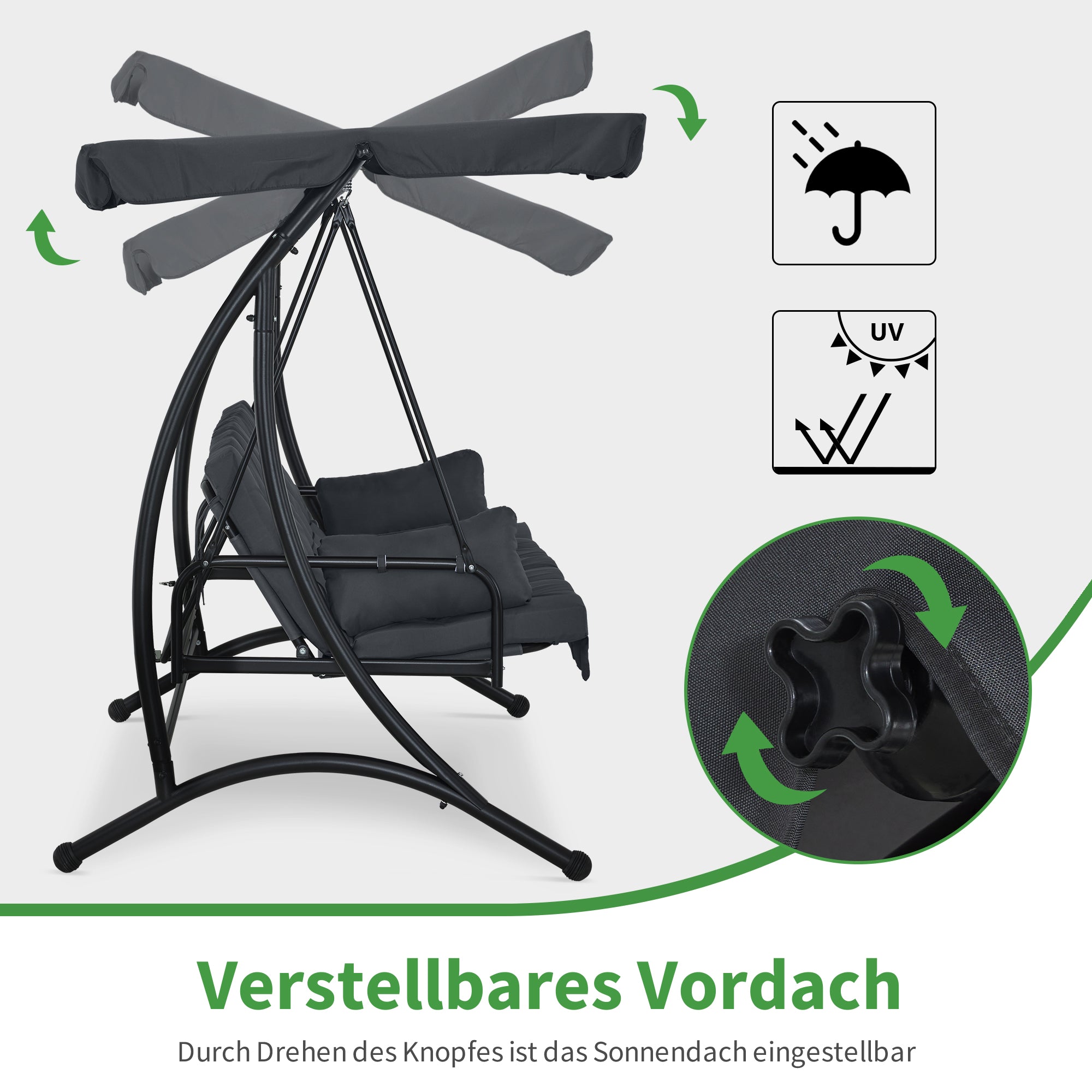 M MCombo 3-seater porch swing with reclining function, with extra-thick seat cushion & sunroof, garden swing up to 300 kg load capacity, 201 x 125 x 173 cm, outdoor swing bench, weatherproof 4095 (grey)