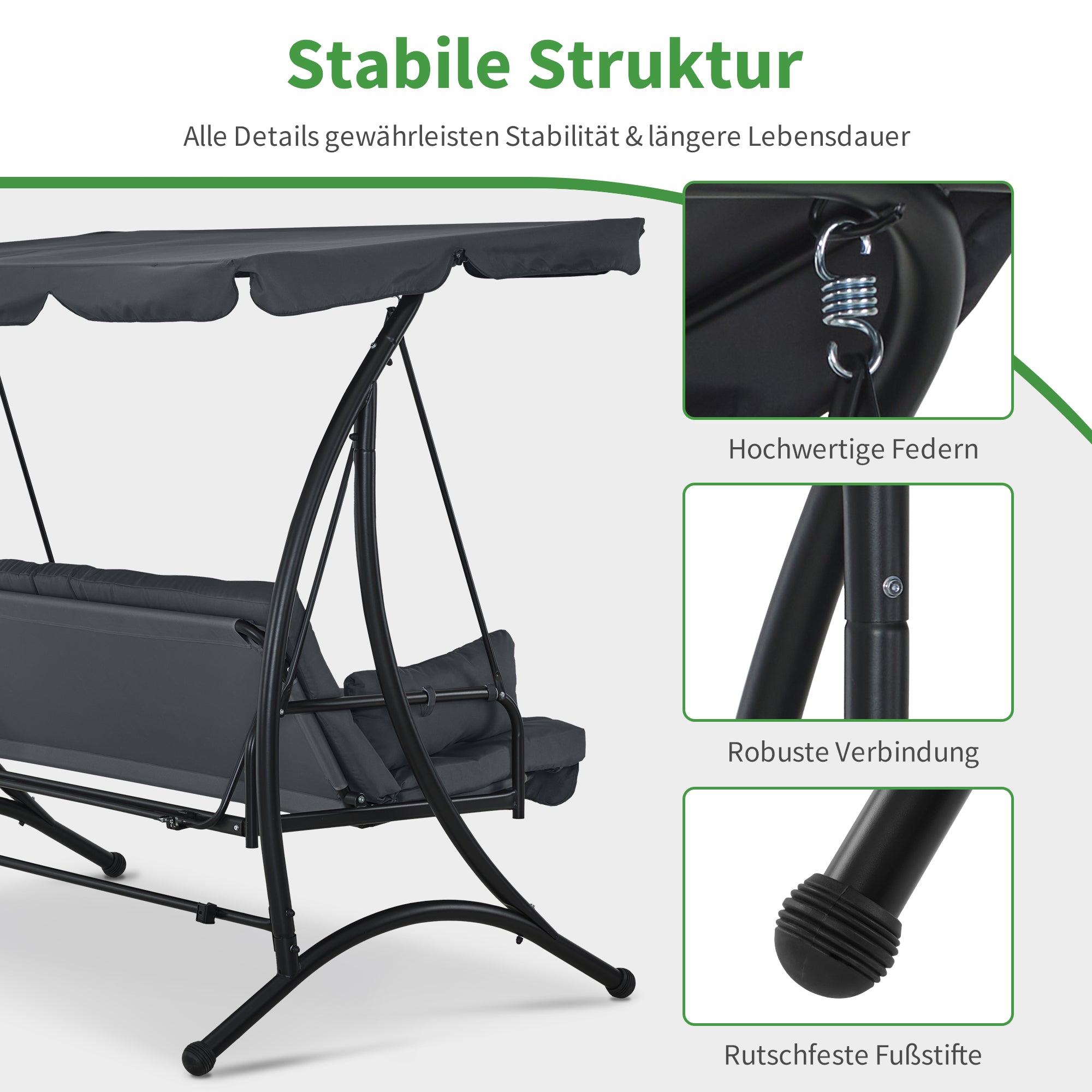 M MCombo 3-seater porch swing with reclining function, with extra-thick seat cushion & sunroof, garden swing up to 300 kg load capacity, 201 x 125 x 173 cm, outdoor swing bench, weatherproof 4095 (grey)