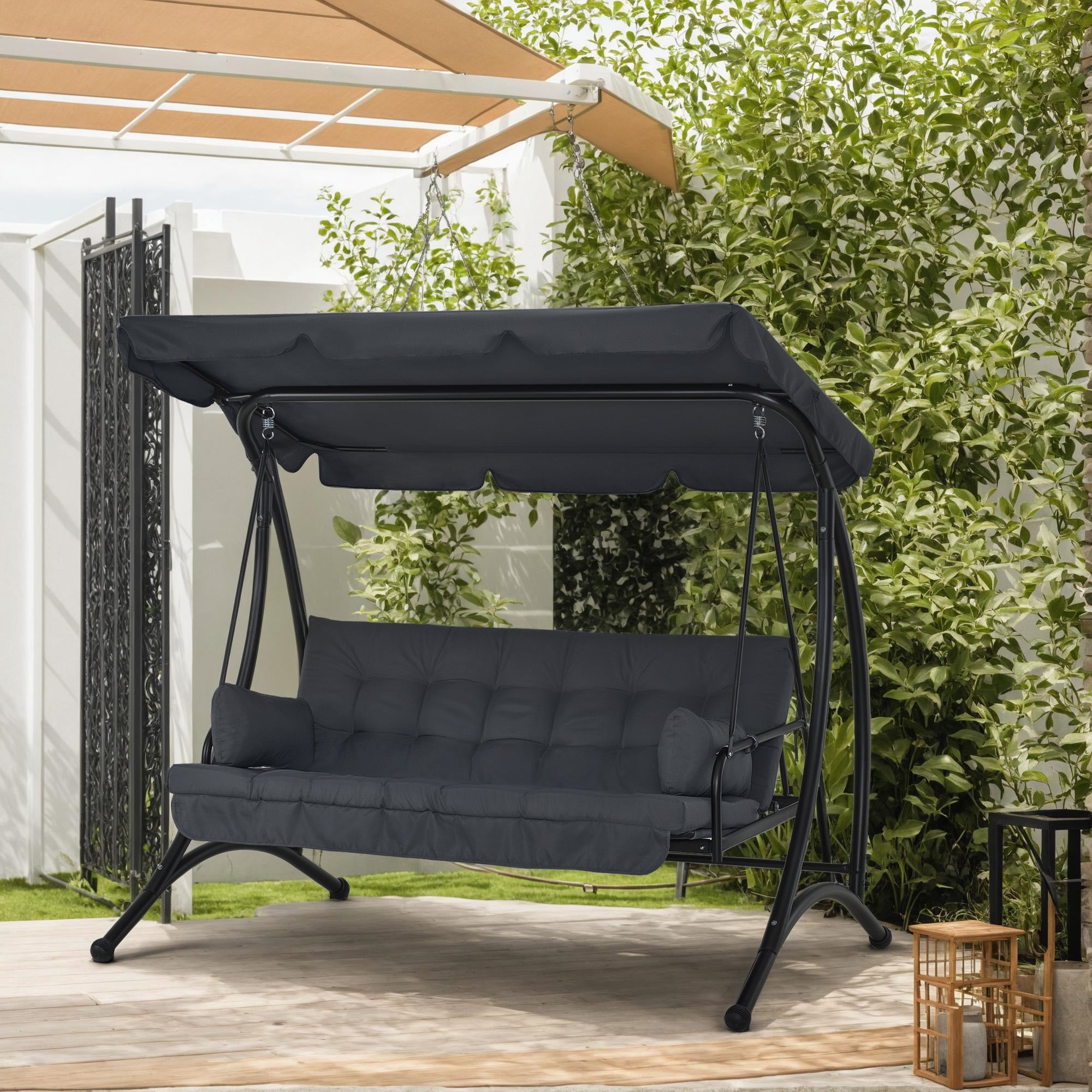 M MCombo 3-seater porch swing with reclining function, with extra-thick seat cushion & sunroof, garden swing up to 300 kg load capacity, 201 x 125 x 173 cm, outdoor swing bench, weatherproof 4095 (grey)