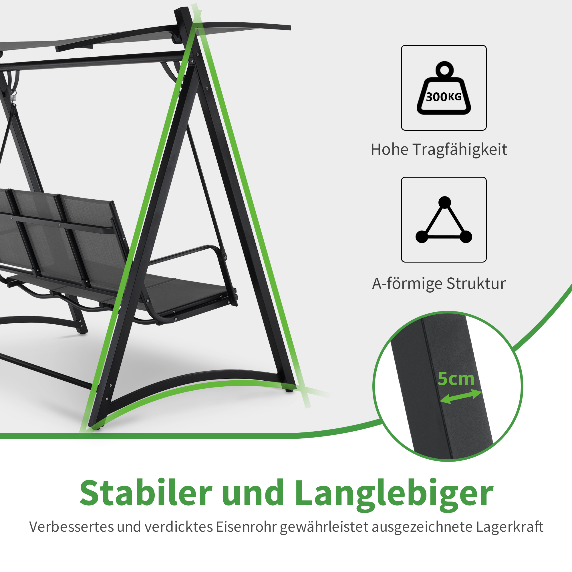 M MCombo Hollywoodschaukel 3-Sitzer, Gartenschaukel mit Verstellbarem Sonnendach, Schaukelbank Outdoor, Gartenliege Wetterfest, 300KG Belastbar, 132 x 188 x 182 cm, 8009 (Dunkgelgrau)
