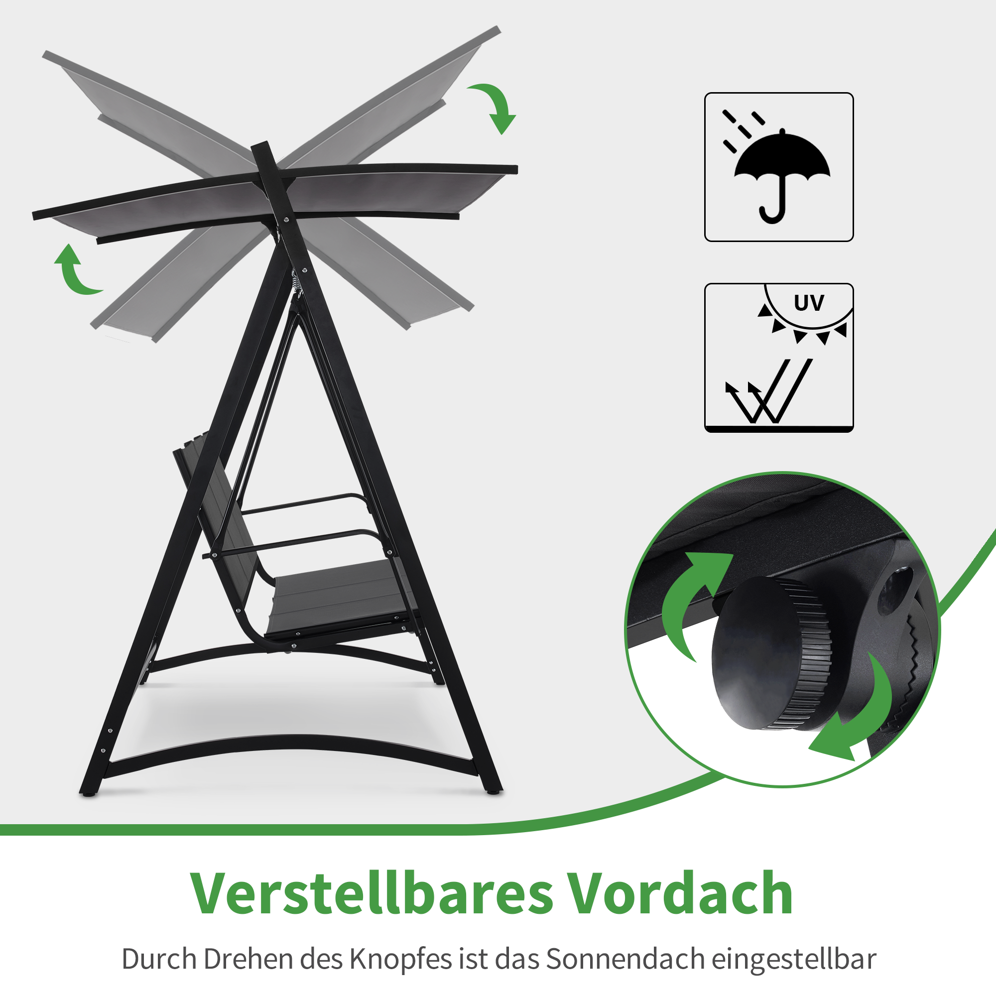 M MCombo Hollywoodschaukel 3-Sitzer, Gartenschaukel mit Verstellbarem Sonnendach, Schaukelbank Outdoor, Gartenliege Wetterfest, 300KG Belastbar, 132 x 188 x 182 cm, 8009 (Dunkgelgrau)