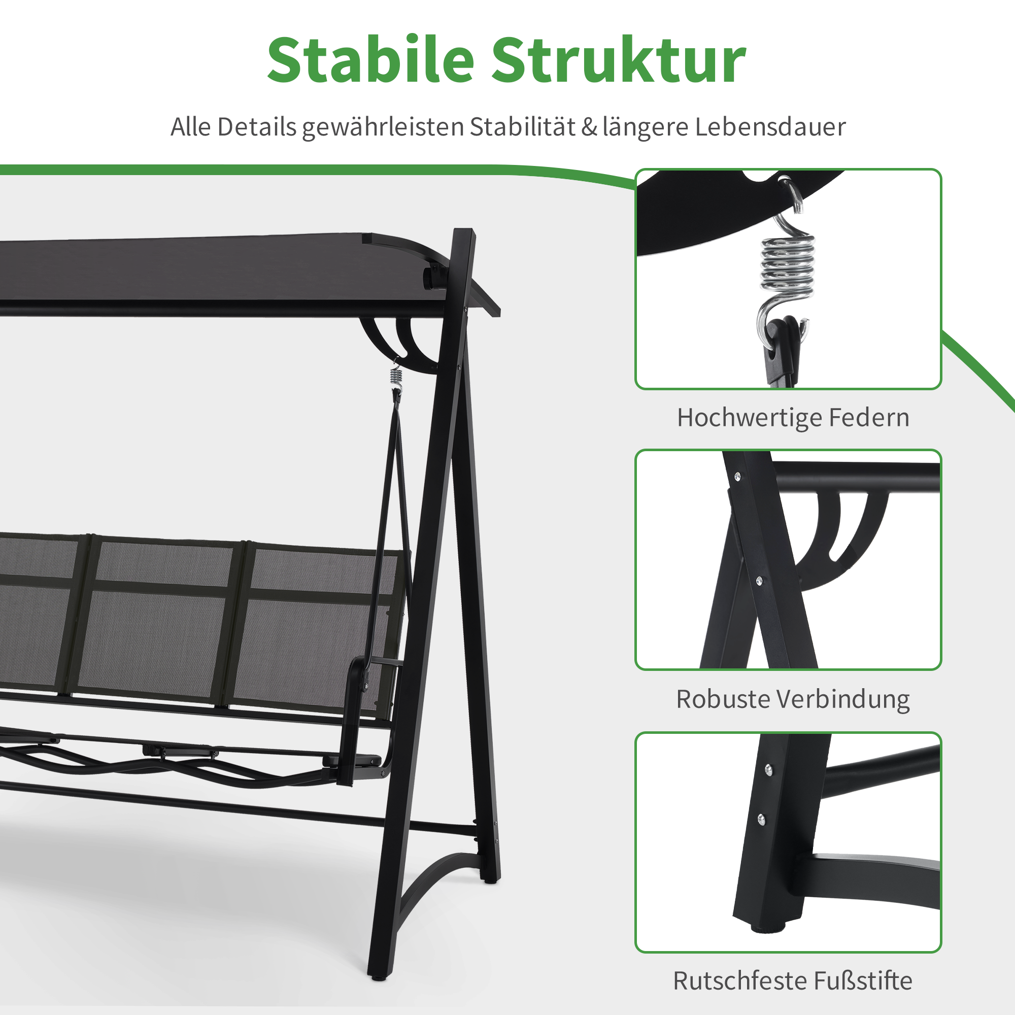 M MCombo Hollywoodschaukel 3-Sitzer, Gartenschaukel mit Verstellbarem Sonnendach, Schaukelbank Outdoor, Gartenliege Wetterfest, 300KG Belastbar, 132 x 188 x 182 cm, 8009 (Dunkgelgrau)
