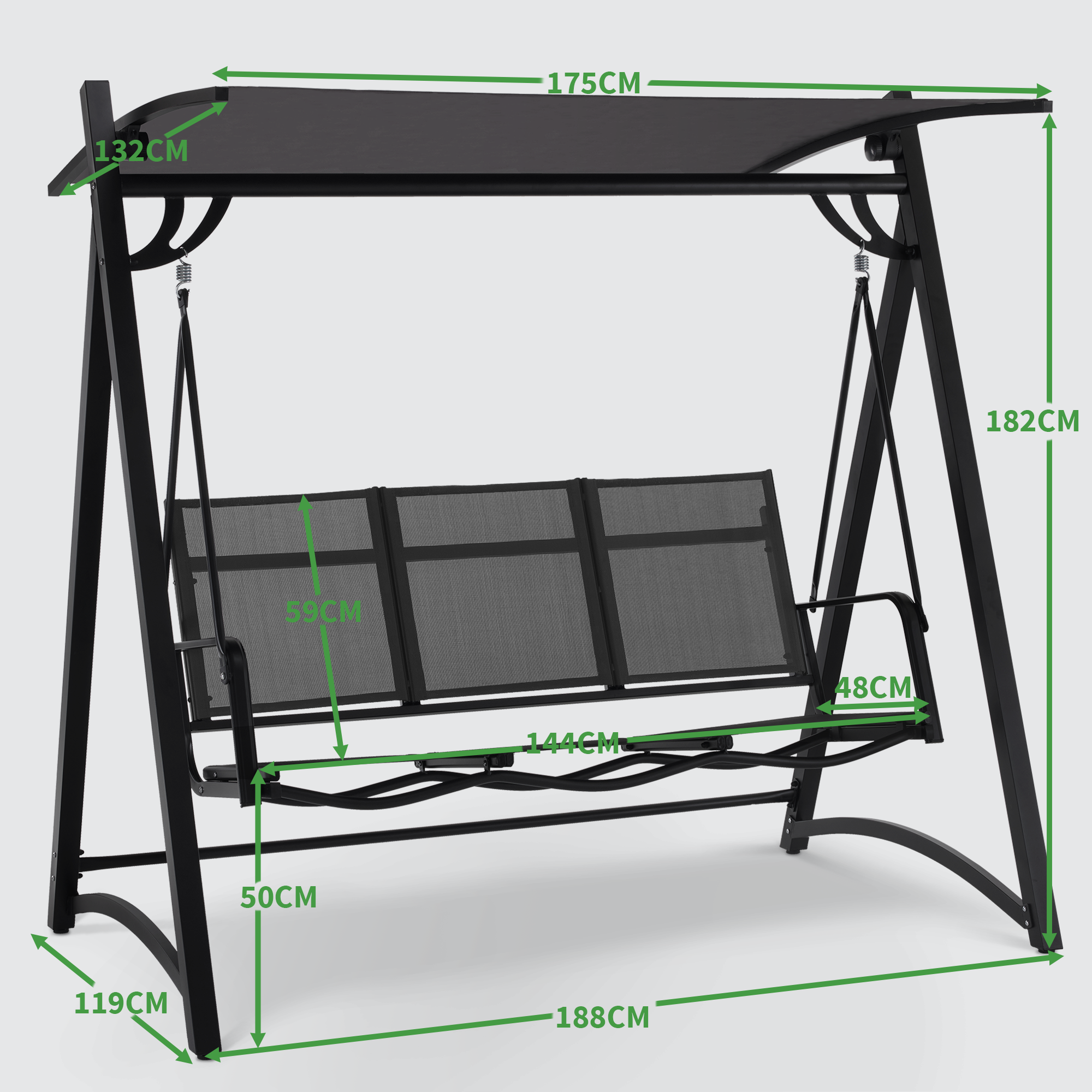 M MCombo Hollywoodschaukel 3-Sitzer, Gartenschaukel mit Verstellbarem Sonnendach, Schaukelbank Outdoor, Gartenliege Wetterfest, 300KG Belastbar, 132 x 188 x 182 cm, 8009 (Dunkgelgrau)
