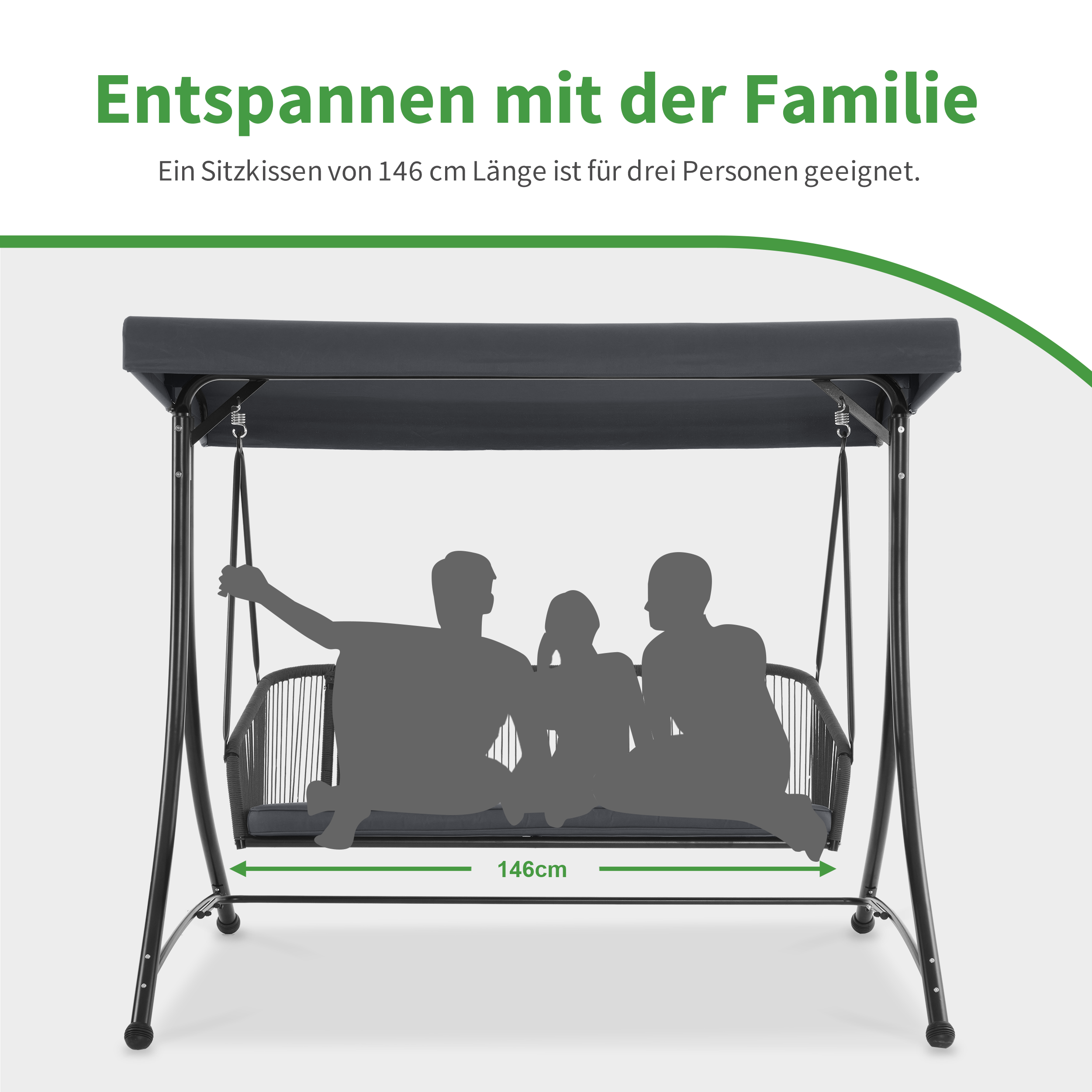 M MCombo Hollywoodschaukel 3-Sitzer, Gartenschaukel mit Verstellbares Sonnendach, Schaukelbank Outdoor, Gartenliege Wetterfest, Sitzbezug Abwaschbar 8026 (Dunkgelgrau)