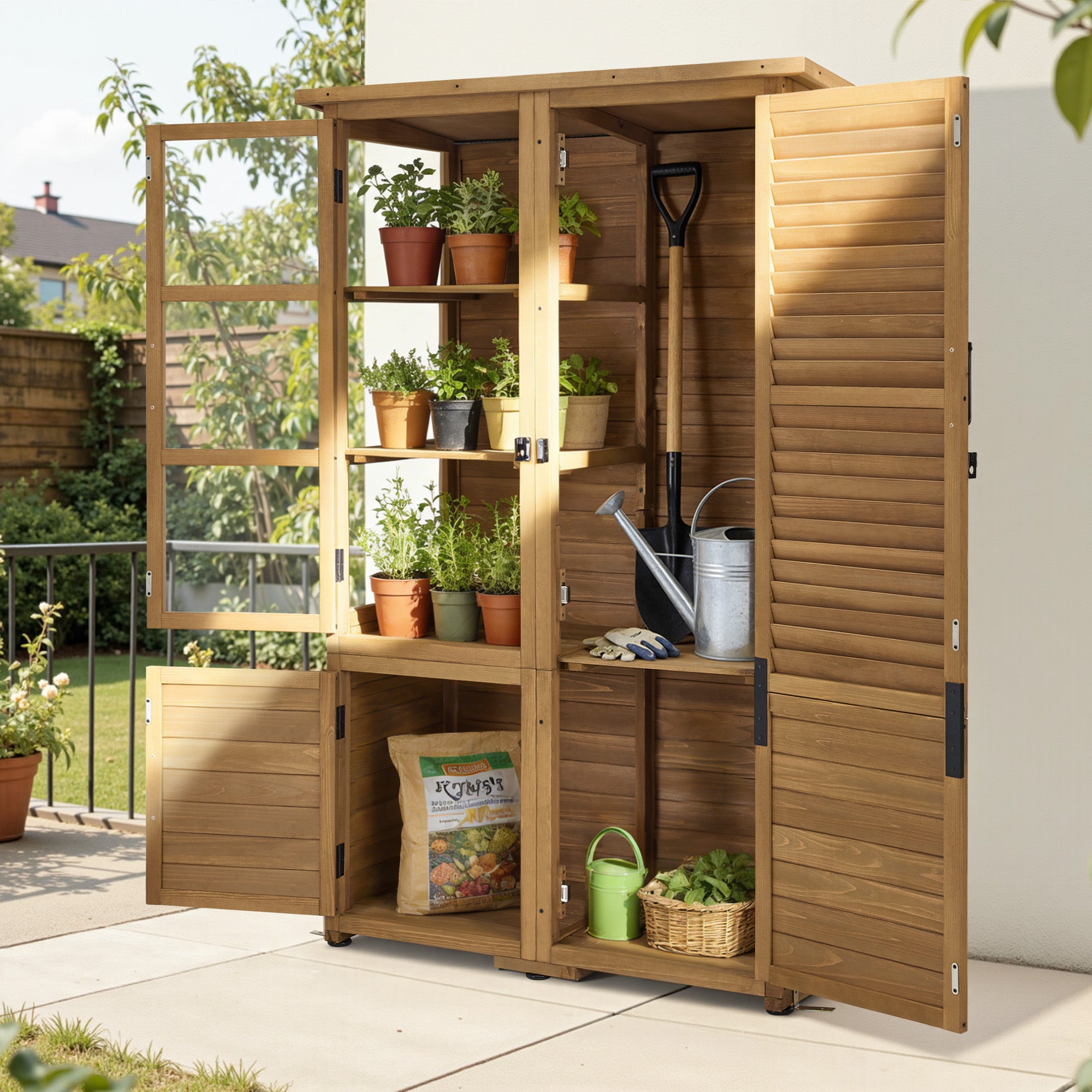 M MCombo Gartenschrank Gartenhaus Holz Wetterfest, Gerätehaus Garten Outdoor Wasserdicht, für Außenbereich Balkon Terrasse, Gartenhütte mit 3 Herausnehmbaren Ablagen 55×110×175 cm, 0130D (Natur)