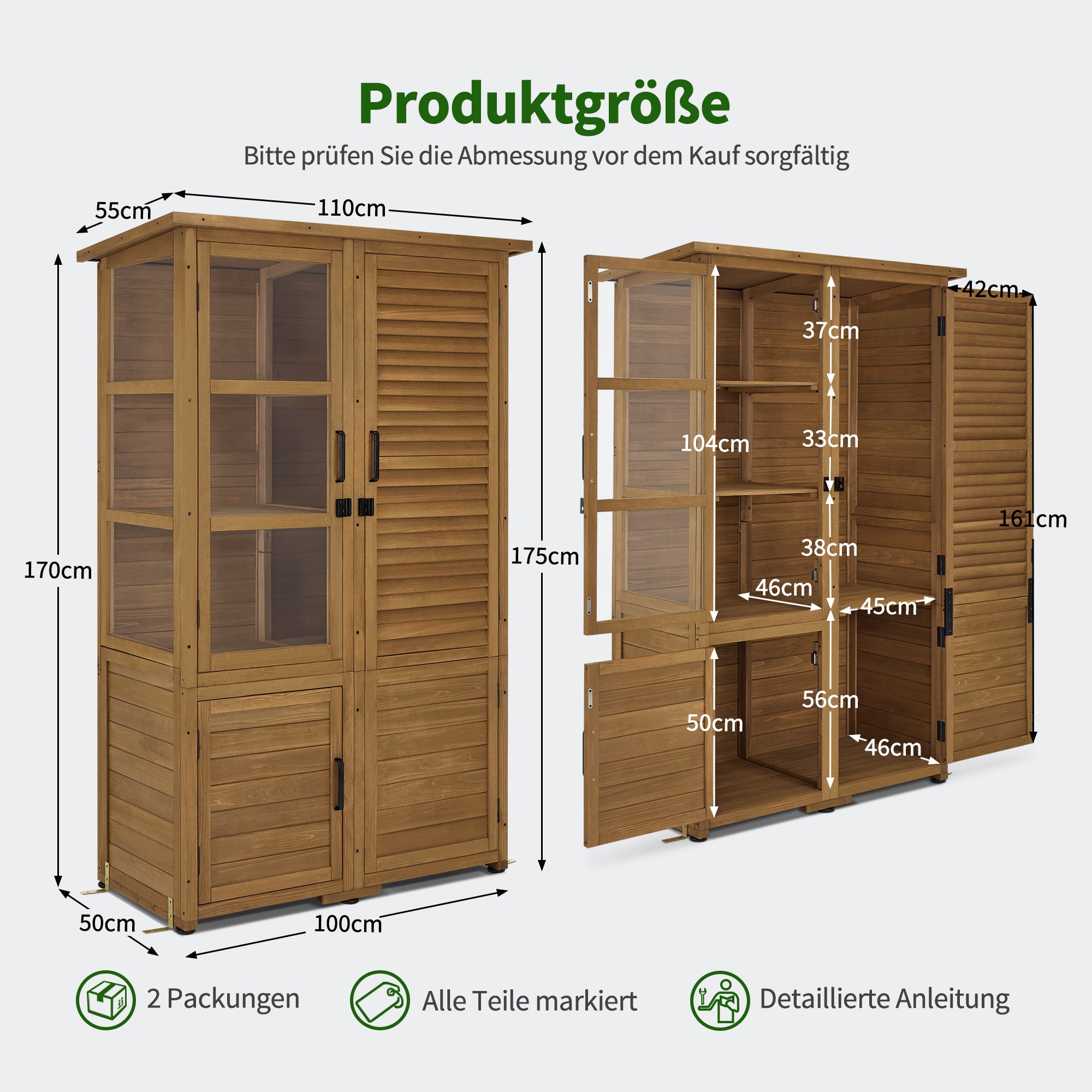M MCombo Gartenschrank Gartenhaus Holz Wetterfest, Gerätehaus Garten Outdoor Wasserdicht, für Außenbereich Balkon Terrasse, Gartenhütte mit 3 Herausnehmbaren Ablagen 55×110×175 cm, 0130D (Natur)