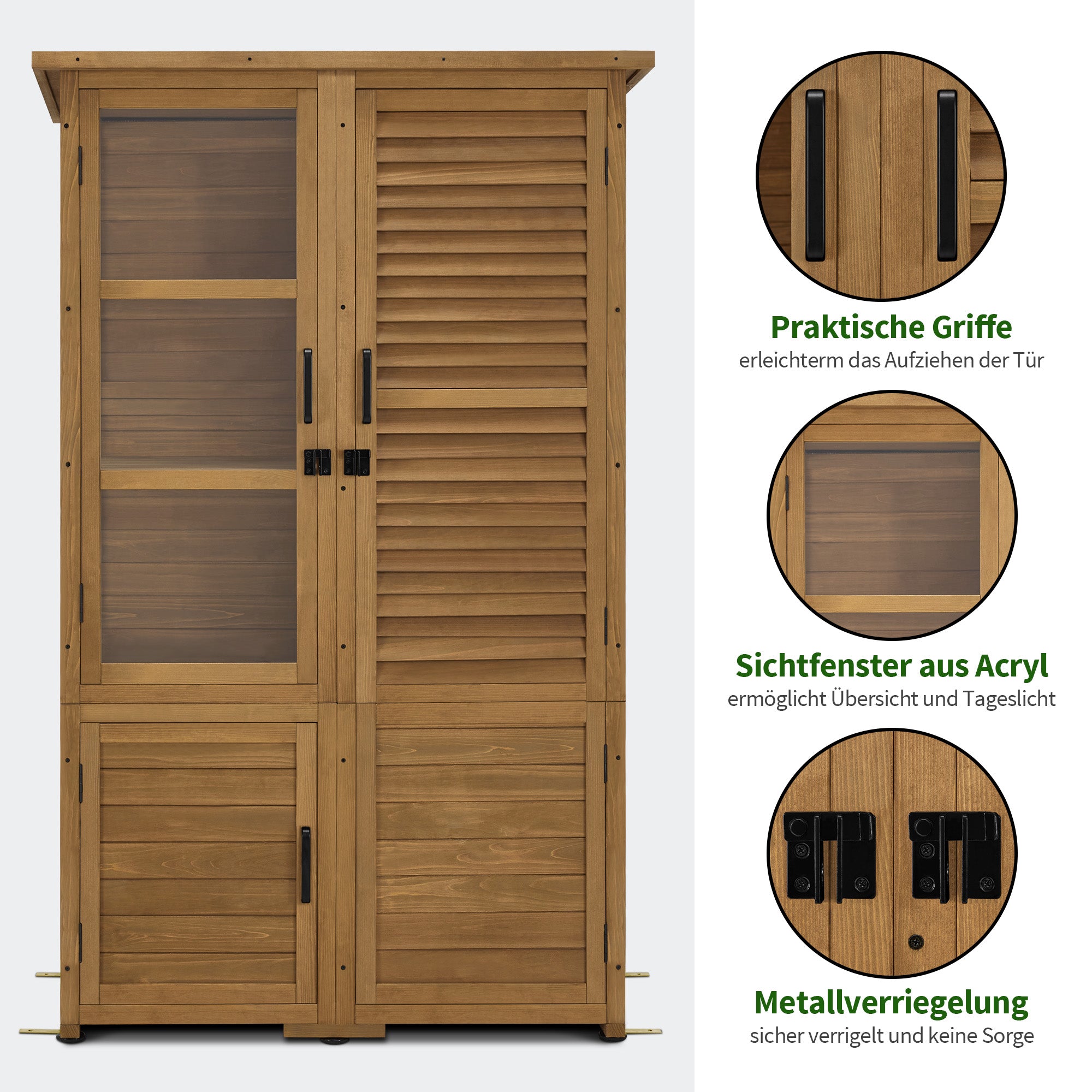 M MCombo Gartenschrank Gartenhaus Holz Wetterfest, Gerätehaus Garten Outdoor Wasserdicht, für Außenbereich Balkon Terrasse, Gartenhütte mit 3 Herausnehmbaren Ablagen 55×110×175 cm, 0130D (Natur)