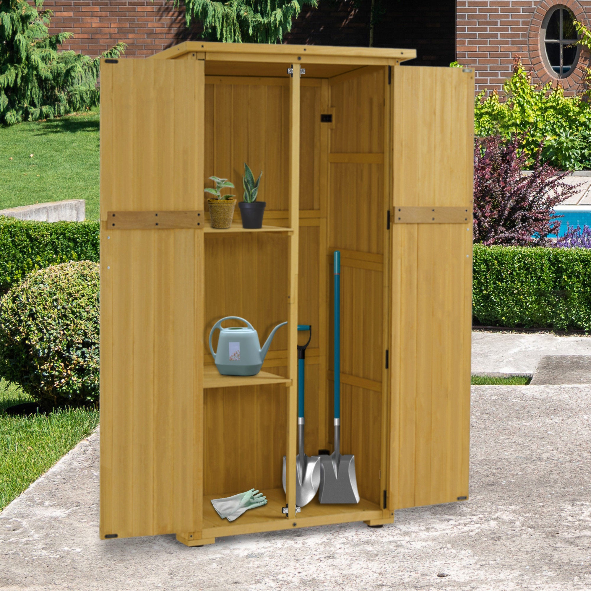 M MCombo Gartenschrank Holz, Gartenhaus Klein Wetterfest, Outdoor Gerätehaus Geräteschuppen, für Außenbereich Balkon Terrasse, 55×90×169cm, 0878-F