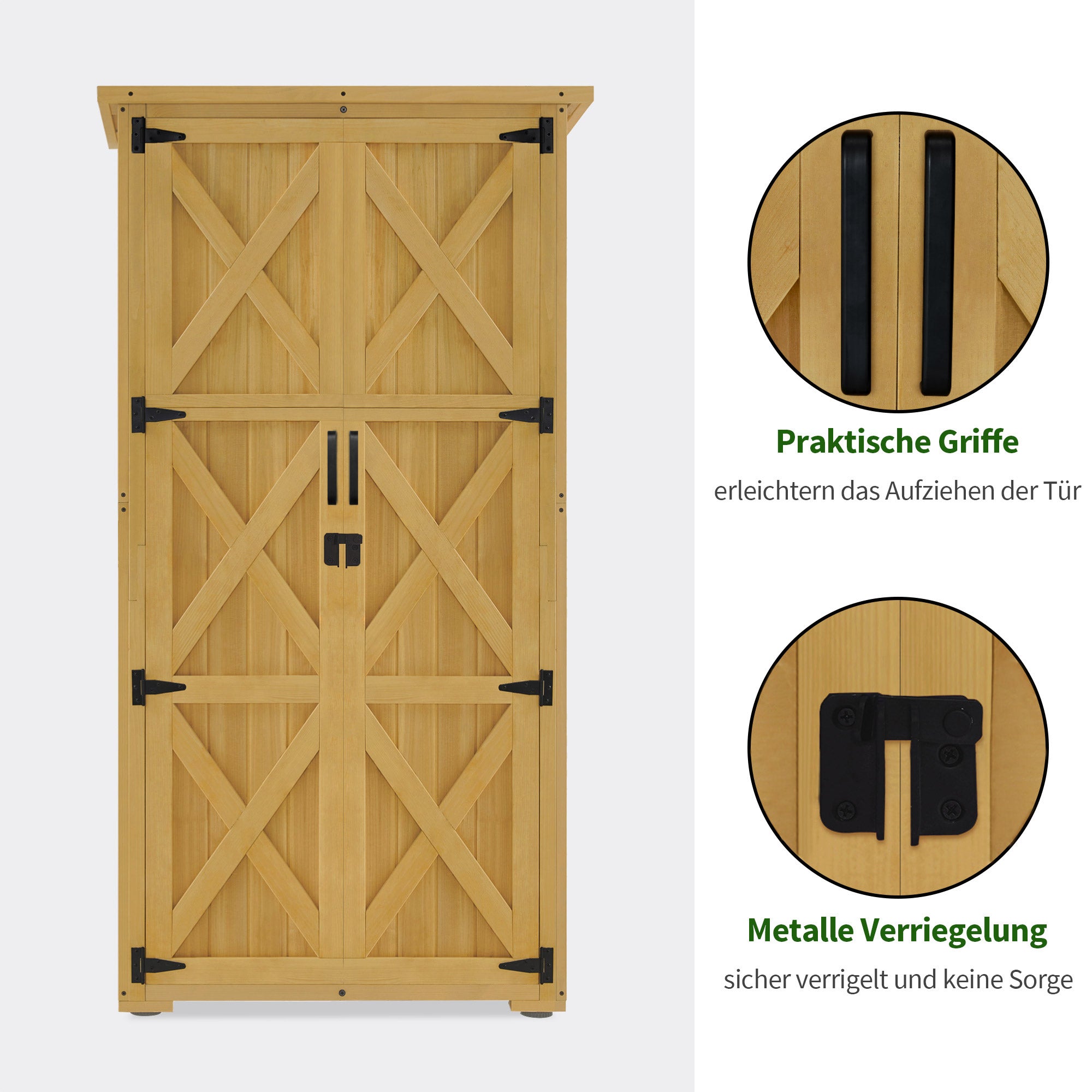 M MCombo Gartenschrank Holz, Gartenhaus Klein Wetterfest, Outdoor Gerätehaus Geräteschuppen, für Außenbereich Balkon Terrasse, 55×90×169cm, 0878-F