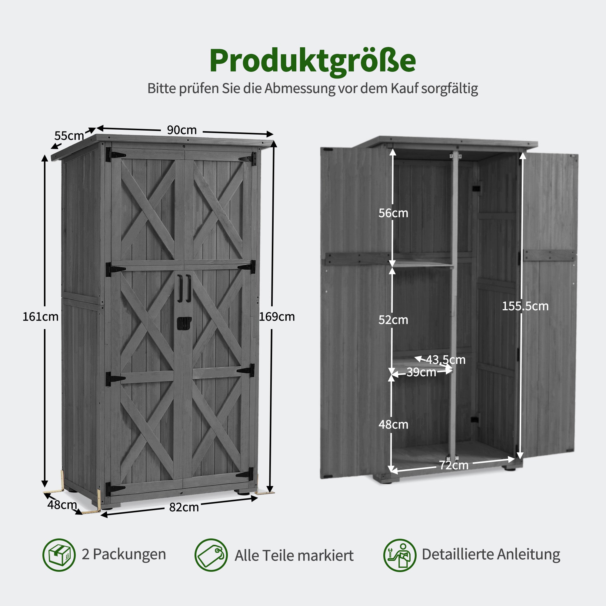 M MCombo Gartenschrank Holz, Gartenhaus Klein Wetterfest, Outdoor Gerätehaus Geräteschuppen, für Außenbereich Balkon Terrasse, 55×90×169cm, 0878-F