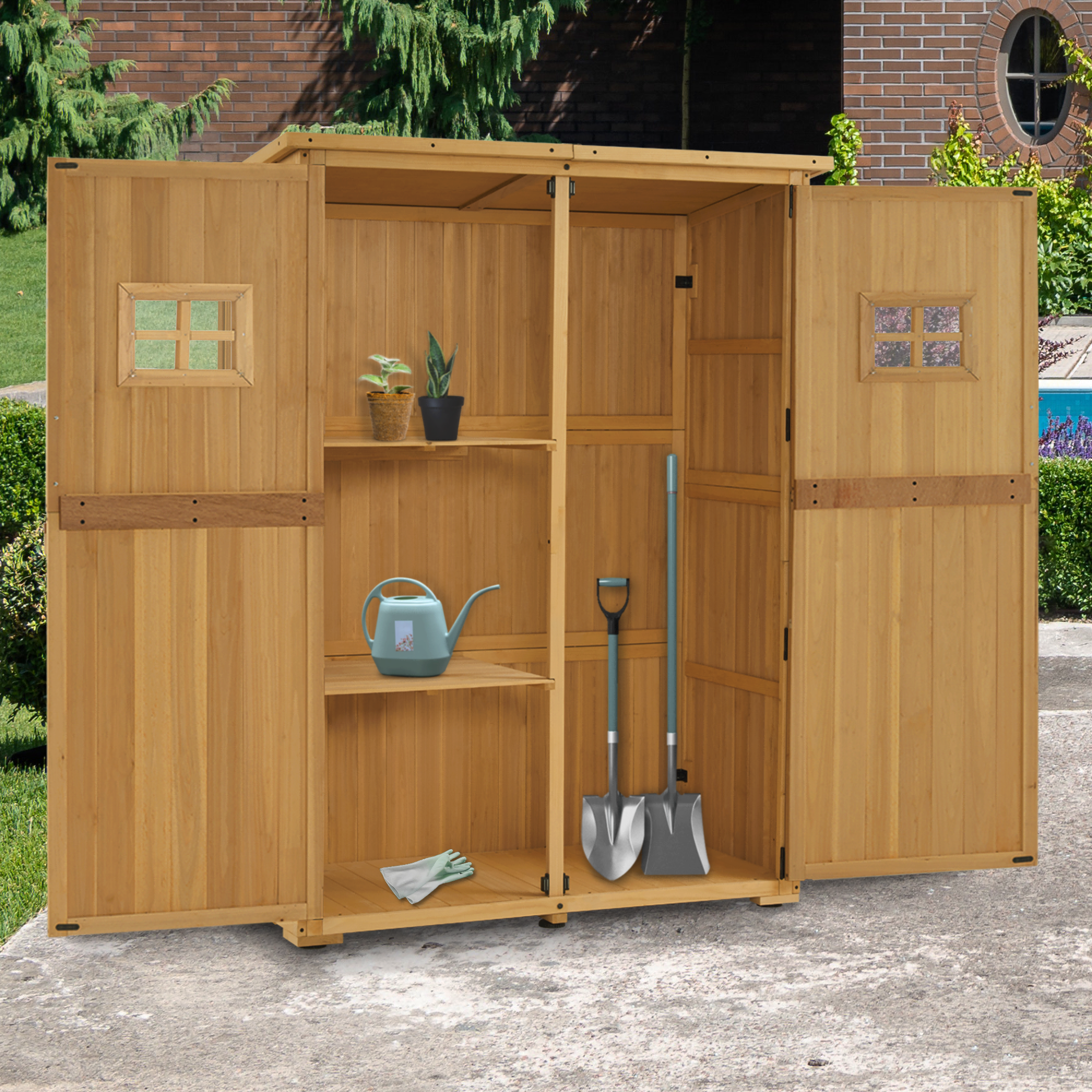 M MCombo Gartenschrank Holz, Gartenhaus Klein Wetterfest, Outdoor Gerätehaus Geräteschuppen, für Außenbereich Balkon Terrasse, 127×59×168 cm, 0912