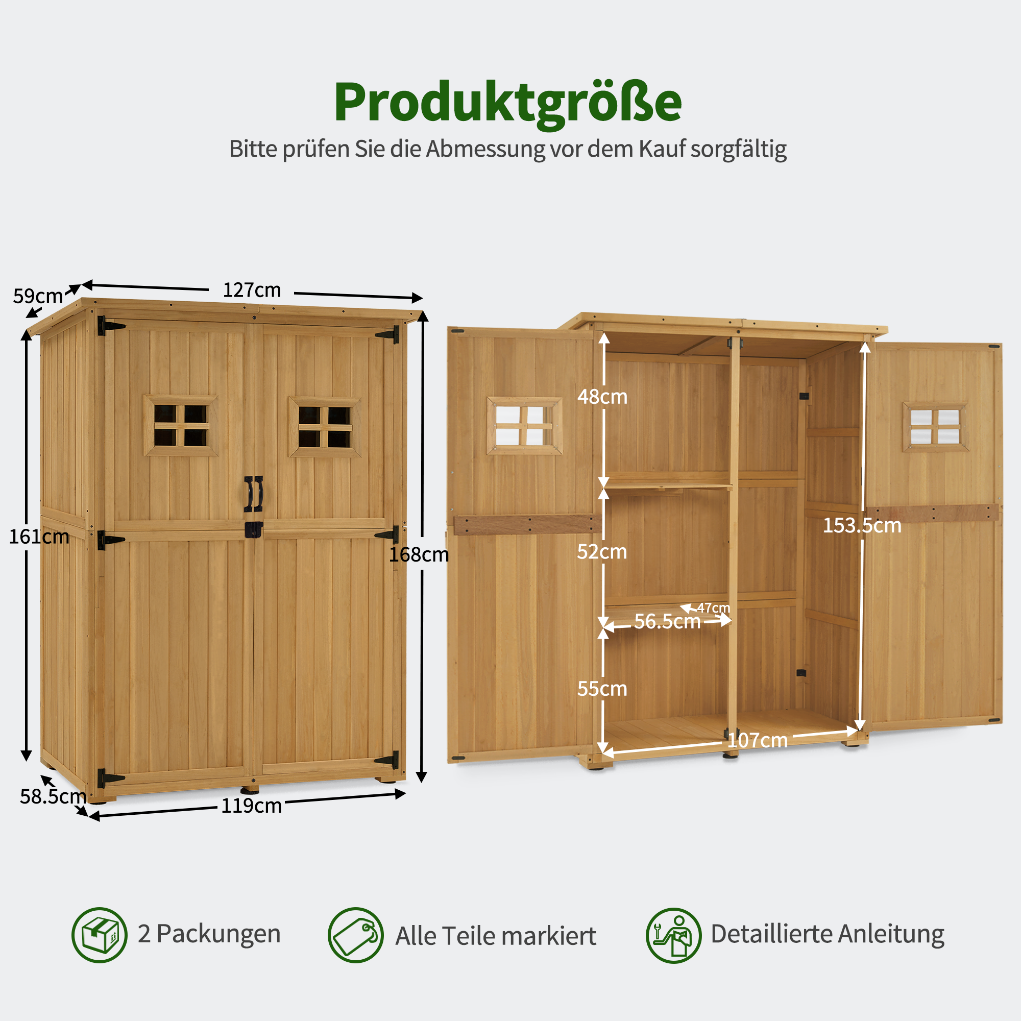 M MCombo Gartenschrank Holz, Gartenhaus Klein Wetterfest, Outdoor Gerätehaus Geräteschuppen, für Außenbereich Balkon Terrasse, 127×59×168 cm, 0912