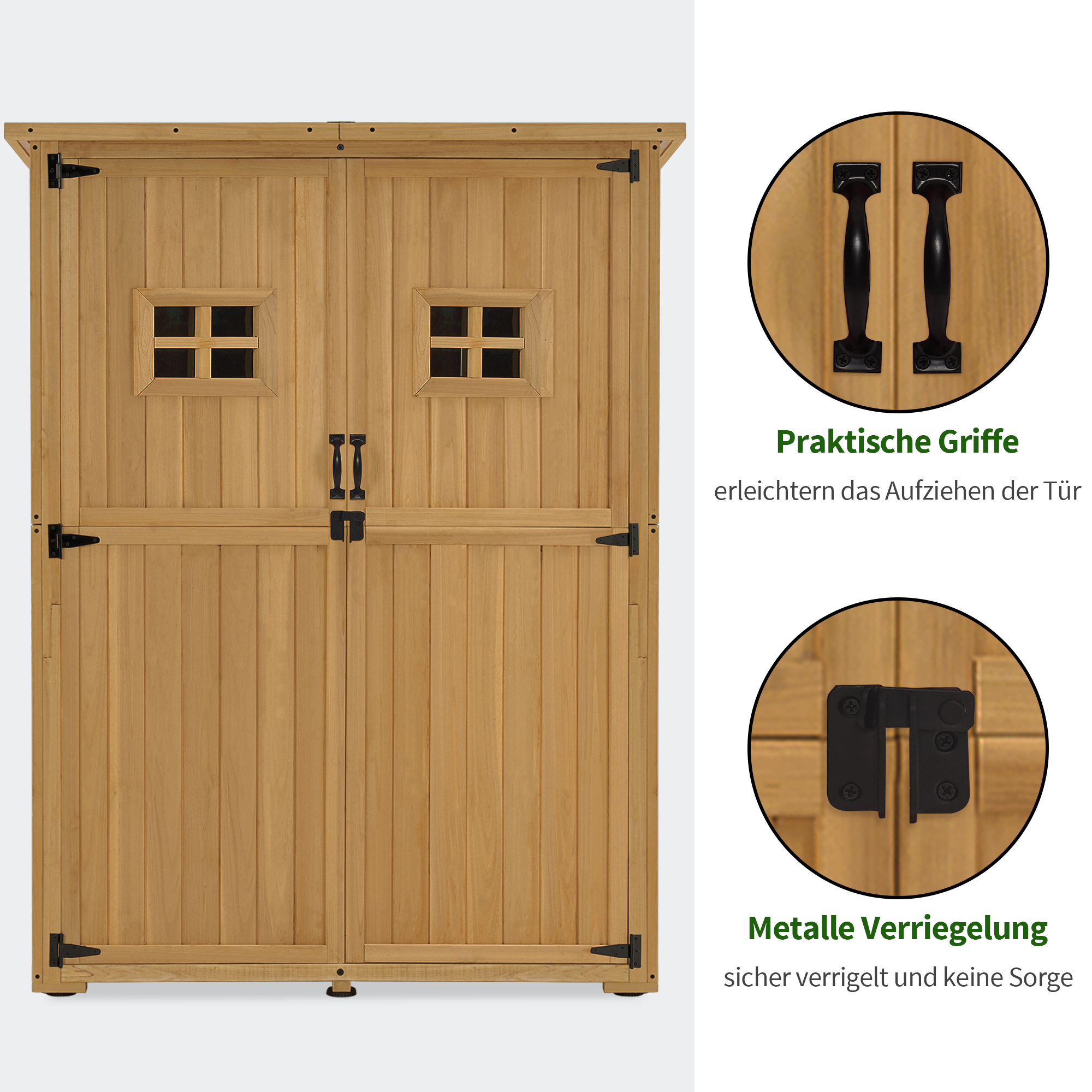 M MCombo Gartenschrank Holz, Gartenhaus Klein Wetterfest, Outdoor Gerätehaus Geräteschuppen, für Außenbereich Balkon Terrasse, 127×59×168 cm, 0912