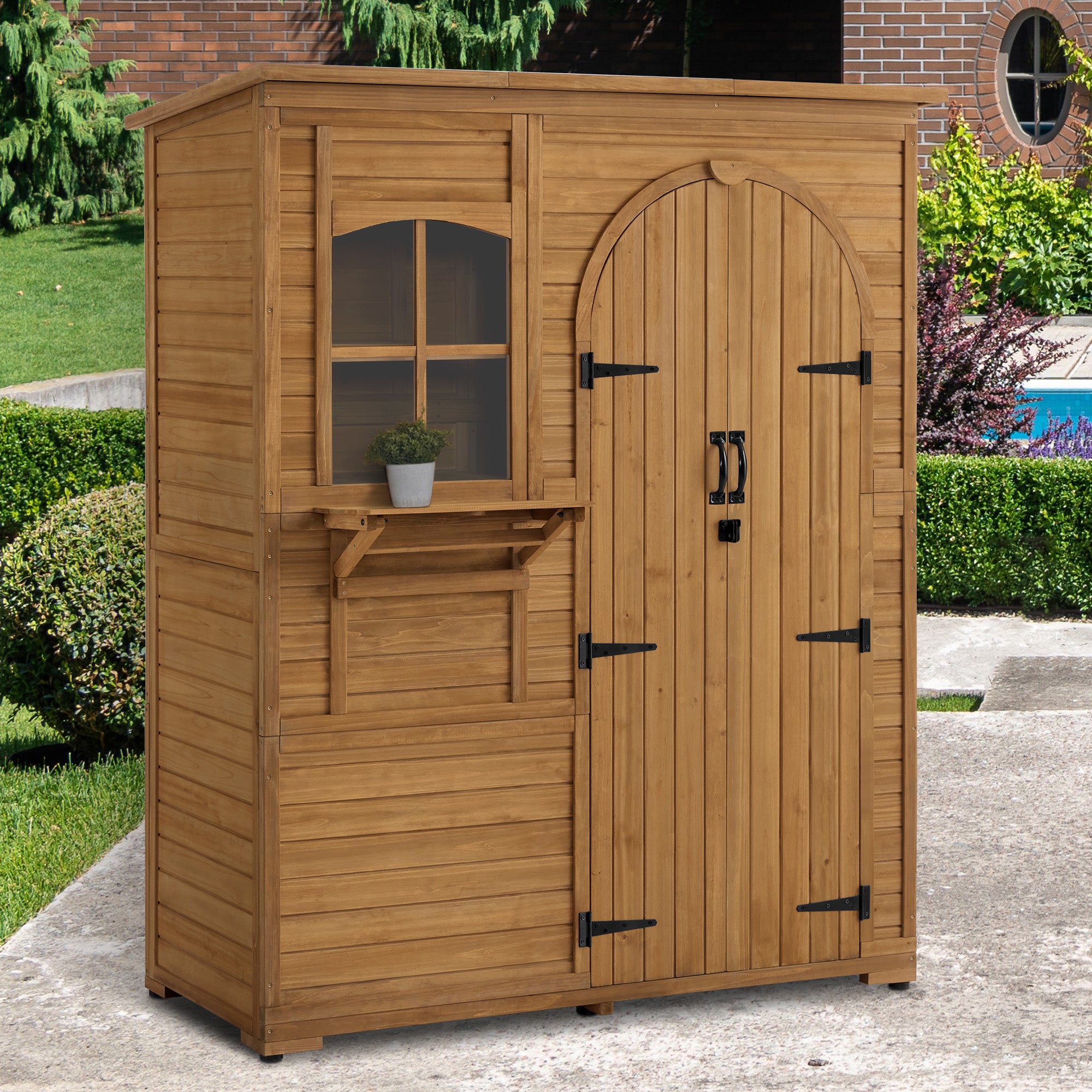 M MCombo Gartenschrank Geräteschuppen Holz Wetterfest, Gartenhaus Outdoor Wasserdicht Begehbar für Außenbereich Balkon Terrasse, Aufbewahrungsschrank mit 3 Regale 73×144×185 cm 0926D (Natur)