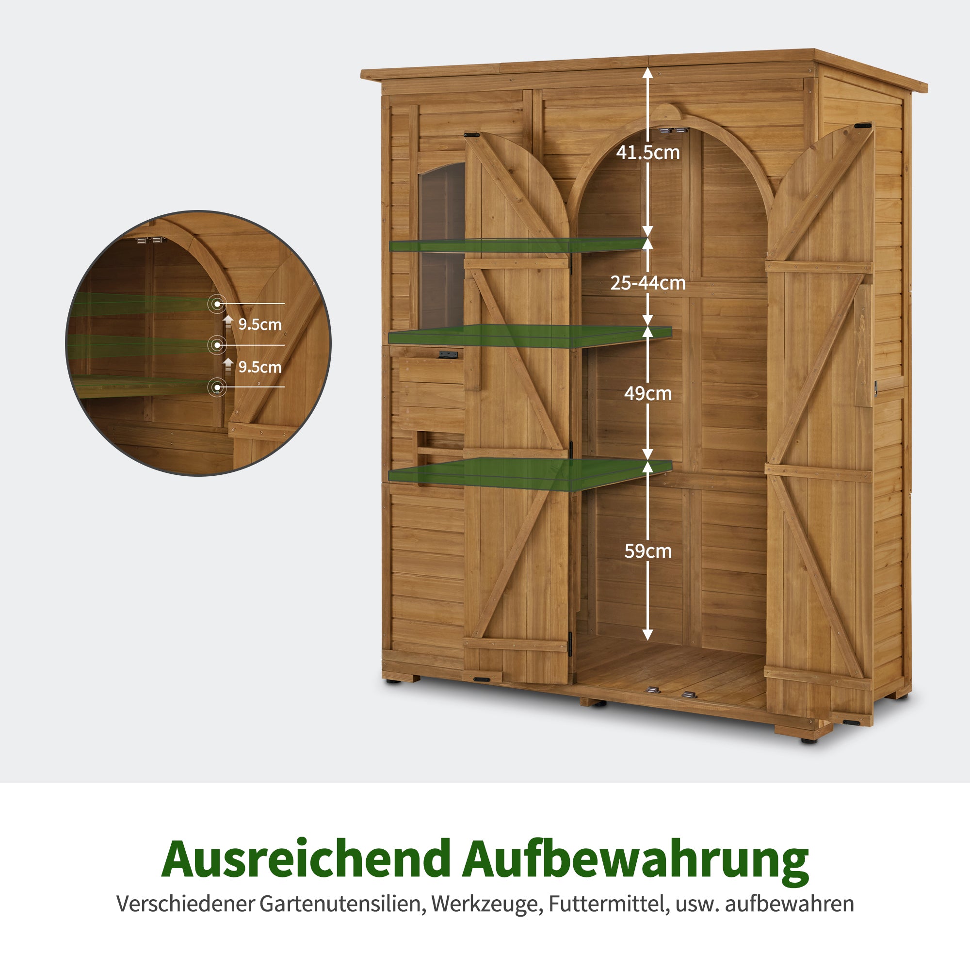 M MCombo Gartenschrank Geräteschuppen Holz Wetterfest, Gartenhaus Outdoor Wasserdicht Begehbar für Außenbereich Balkon Terrasse, Aufbewahrungsschrank mit 3 Regale 73×144×185 cm 0926D (Natur)