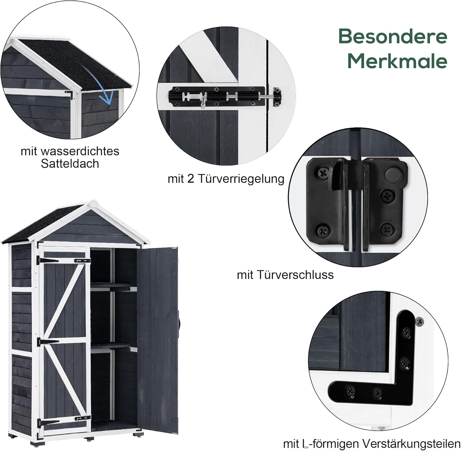 MCombo Gartenschrank Geräteschuppen Werkzeugschrank Outdoor-Schrank Gartenbox mit Satteldach aus Holz Grau/Natur 1000