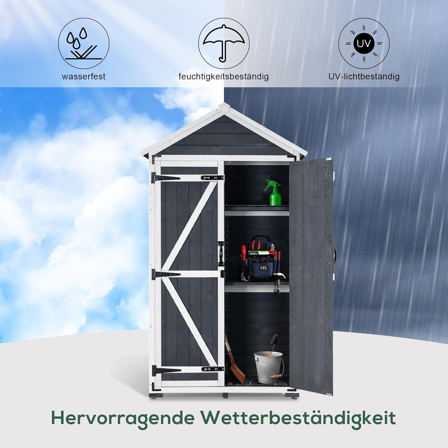 MCombo Gartenschrank Geräteschuppen Werkzeugschrank Outdoor-Schrank Gartenbox mit Satteldach aus Holz Grau/Natur 1000