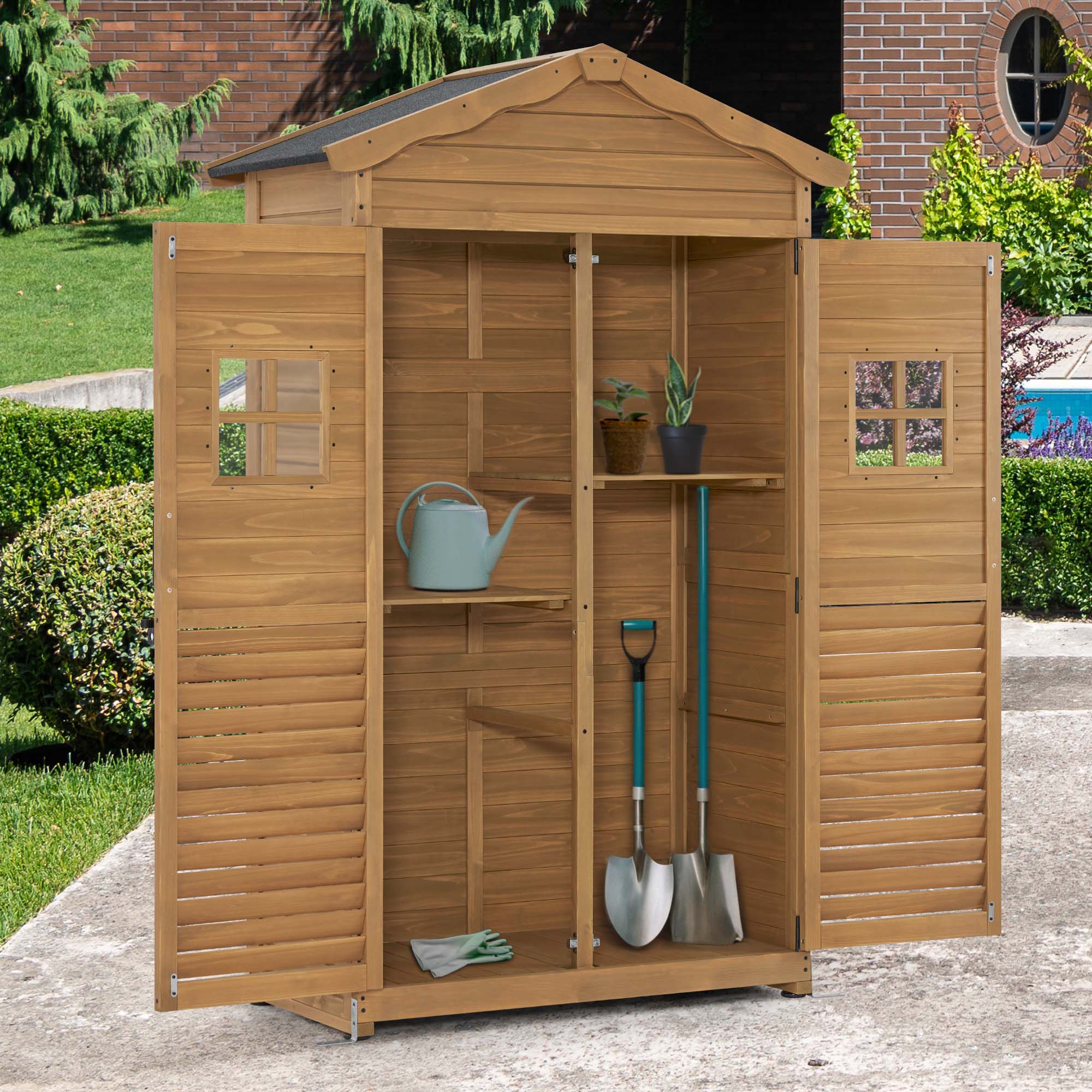 M MCombo Gartenschrank Gartenhaus Holz Wetterfest, Geräteschrank Gerätehaus Outdoor, für Außenbereich Garten Terrasse, Geräteschuppen mit 2 Bewegliche Regale, 57×109×180 cm, 1152 (Natur)
