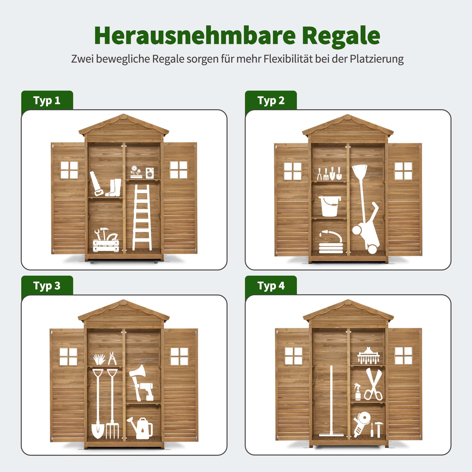 M MCombo Gartenschrank Gartenhaus Holz Wetterfest, Geräteschrank Gerätehaus Outdoor, für Außenbereich Garten Terrasse, Geräteschuppen mit 2 Bewegliche Regale, 57×109×180 cm, 1152 (Natur)