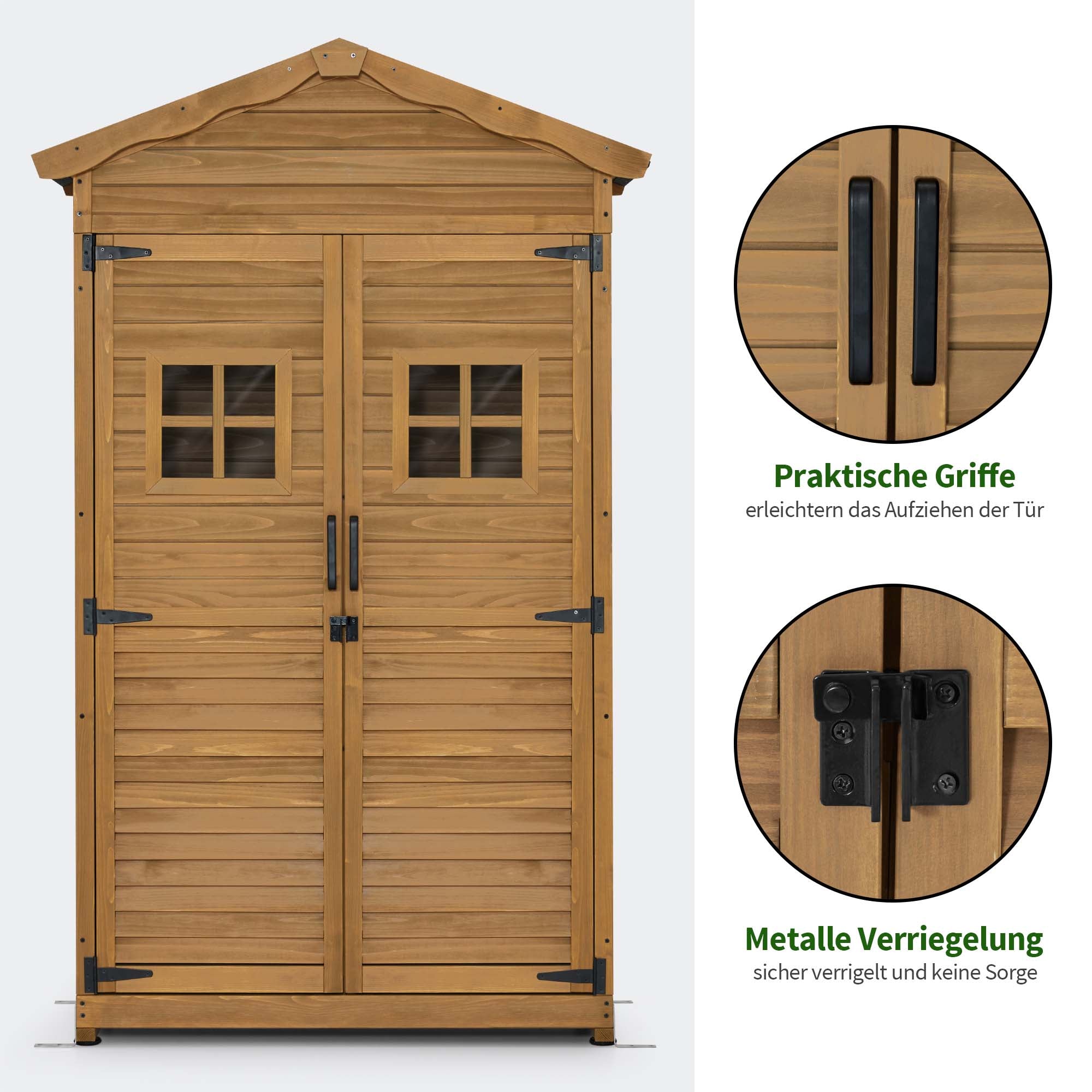 M MCombo Gartenschrank Gartenhaus Holz Wetterfest, Geräteschrank Gerätehaus Outdoor, für Außenbereich Garten Terrasse, Geräteschuppen mit 2 Bewegliche Regale, 57×109×180 cm, 1152 (Natur)