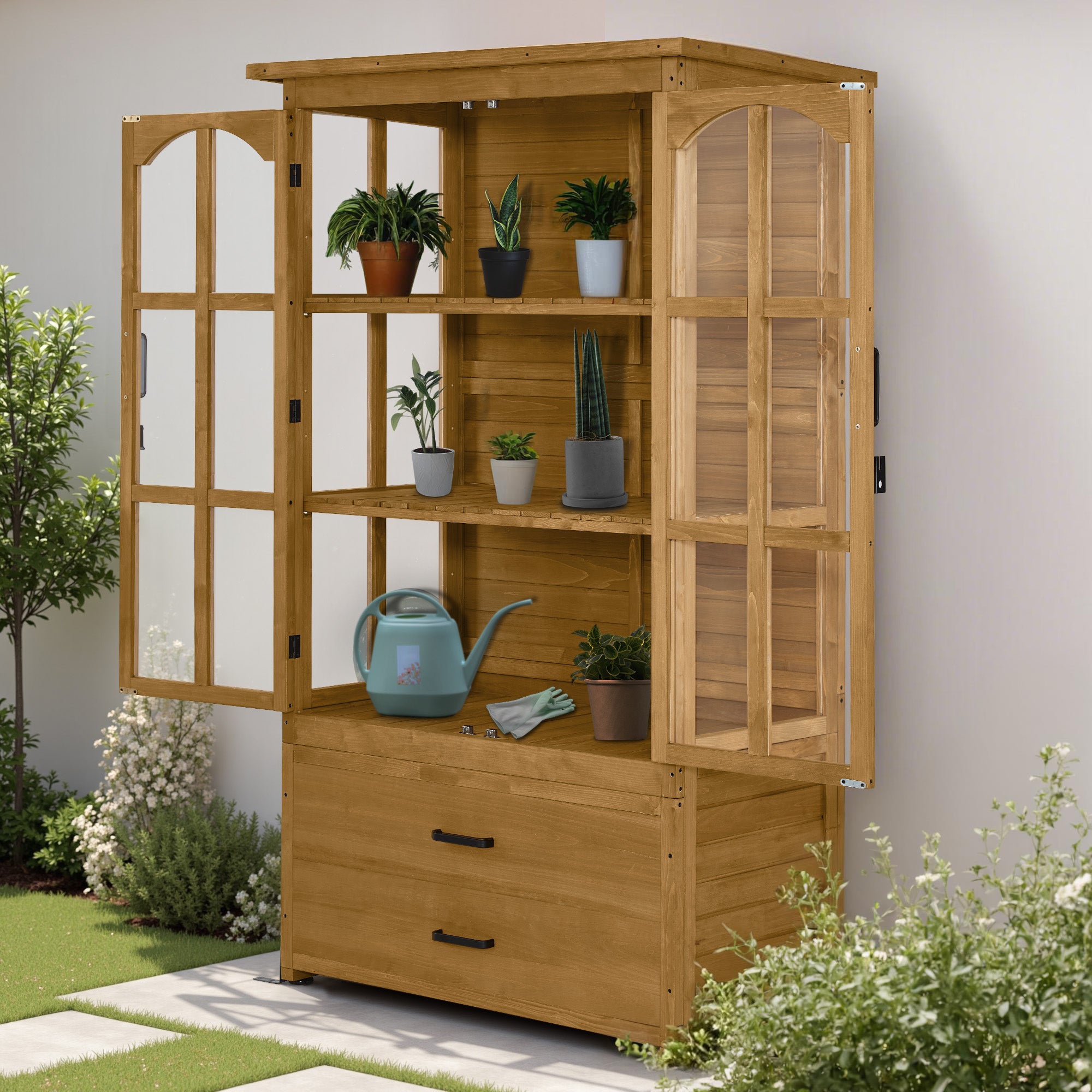 M MCombo Garden Cabinet Garden House Wooden Weatherproof, Tool Cabinet Outdoor Tool Shed for Outdoor Balcony Terrace, Garden Hut with 2 Movable Shelves, 58×107×180 cm, 1155 (Natural)